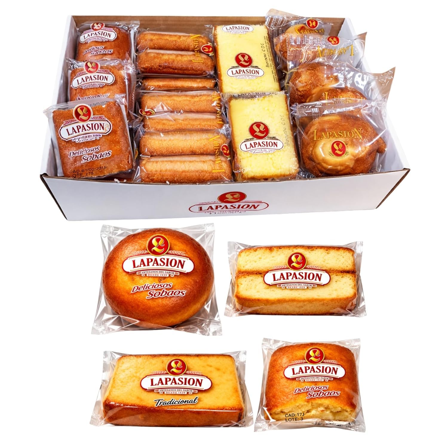 Boîte assortie pour petit-déjeuner | Sobaos traditionnels | Gâteaux pépitos à l'œuf | Gâteau Coc | Cupcakes ronds | Idéal pour goûter et petit déjeuner