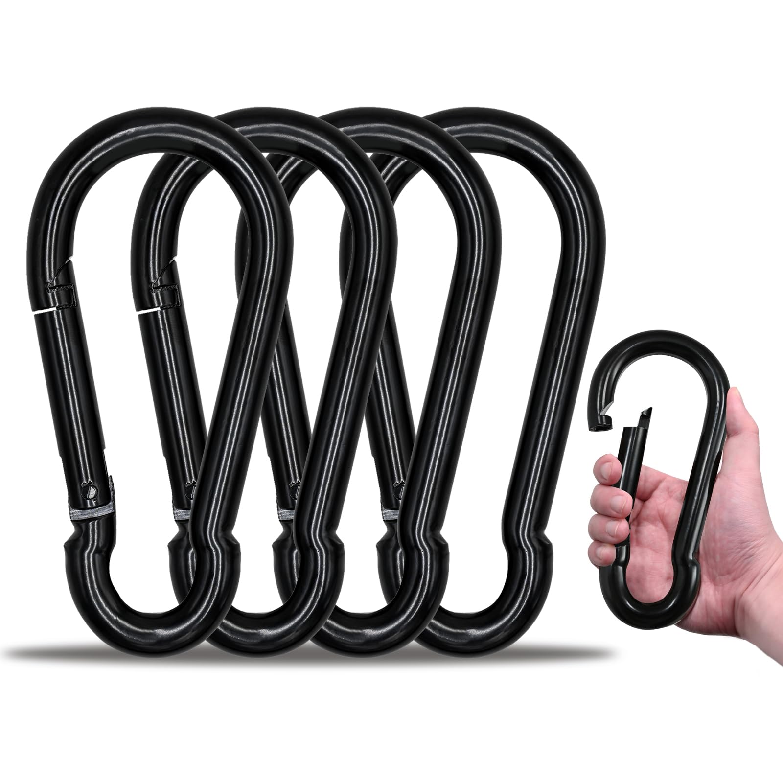 KINLINK 4 Pack Black Carabiner Clip, 7 inch Heavy Duty Spring Snap Hook, Large Caribeener Clips for Camping, Swing Set, Hammock, Hiking, Travel,