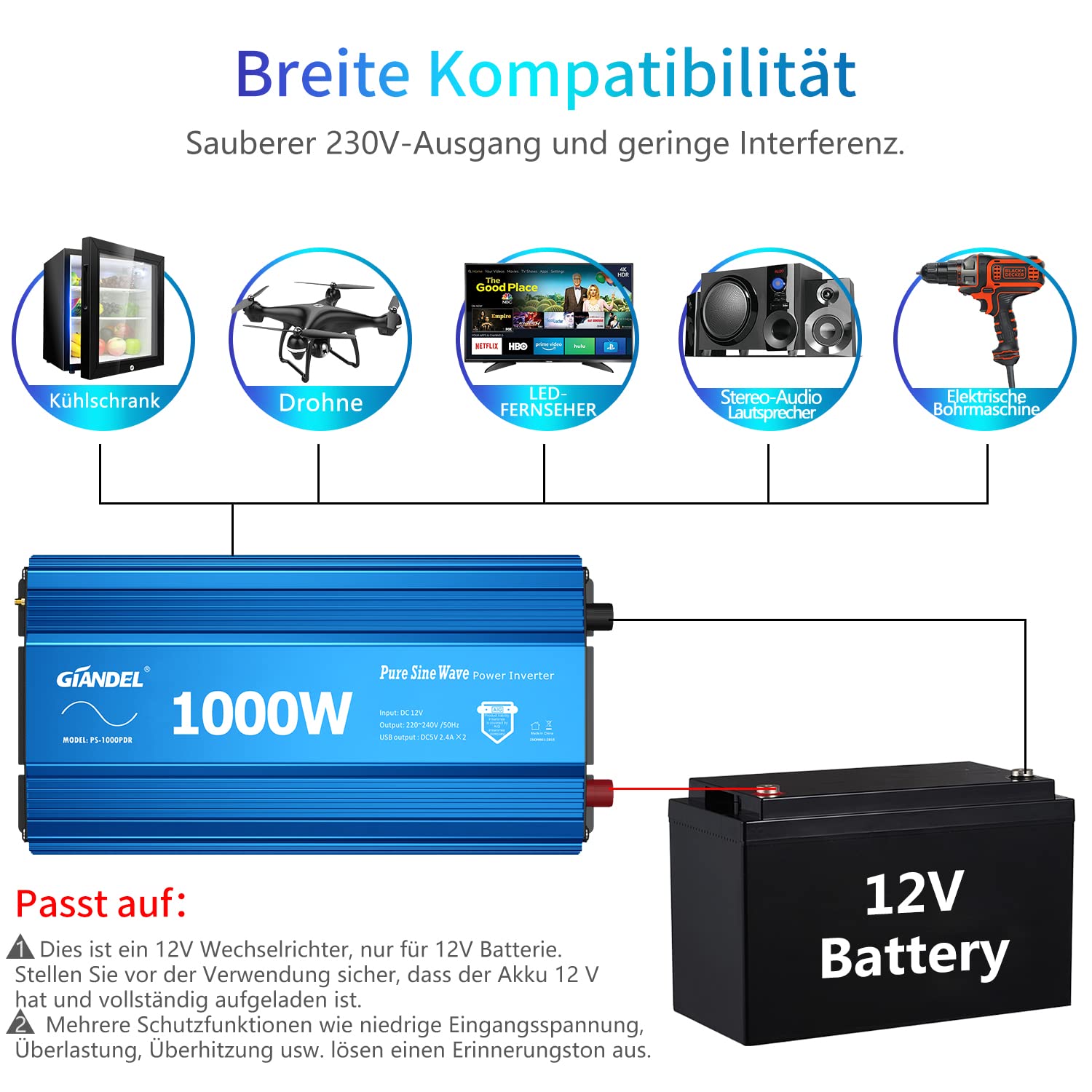 GIANDEL Przetwornica napięcia 12V na 230V 1000W czysty sinus - falownik samochodowy - z 2 gniazdami UE i 2 portem USB z Pilot do ekranu LCD