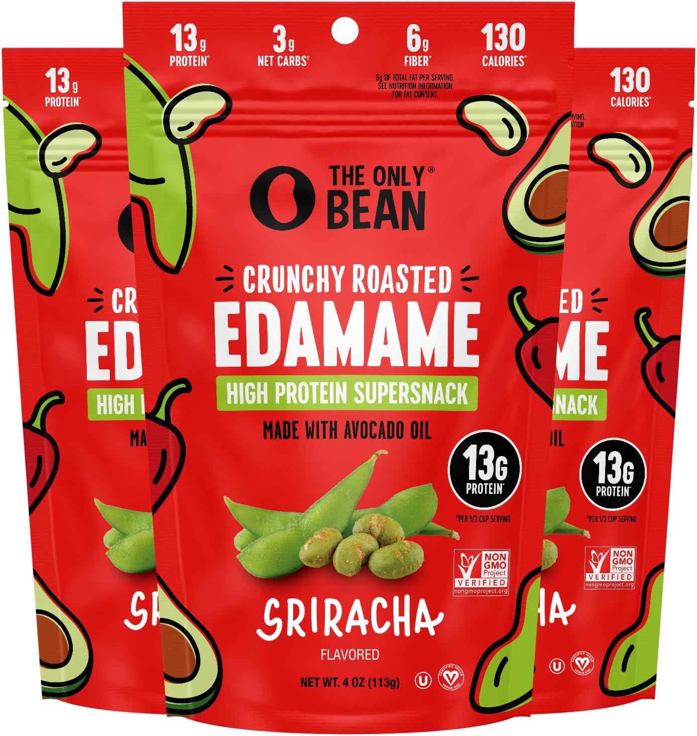 The Only Bean Crunchy Roasted Edamame Snack (Sriracha), High Protein Snacks (13g) Healthy Protein Chips, Keto Friendly Food (2g Net), Plant-Based Vegan Snacks, Office Snacks, Spicy Snack, 4oz (3 Pack)