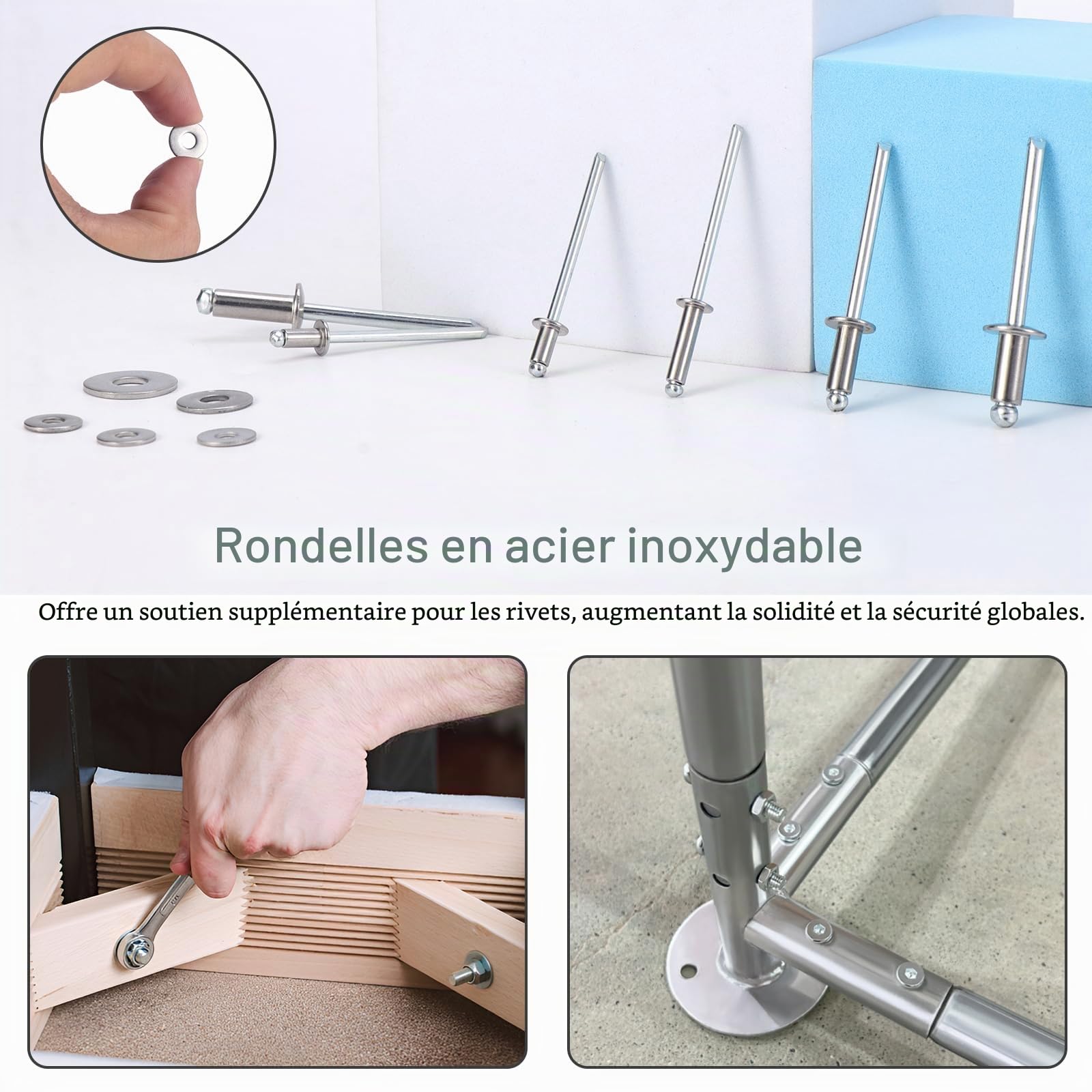 Gueenky 650 Pièces Rivet Inox, 3,2/4/4,8 mm Rivet Pop avec Rondelle, 6 Tailles Assortiment Rivets Aveugle pour Métal Bois Plastique, avec Boîte de Rangement