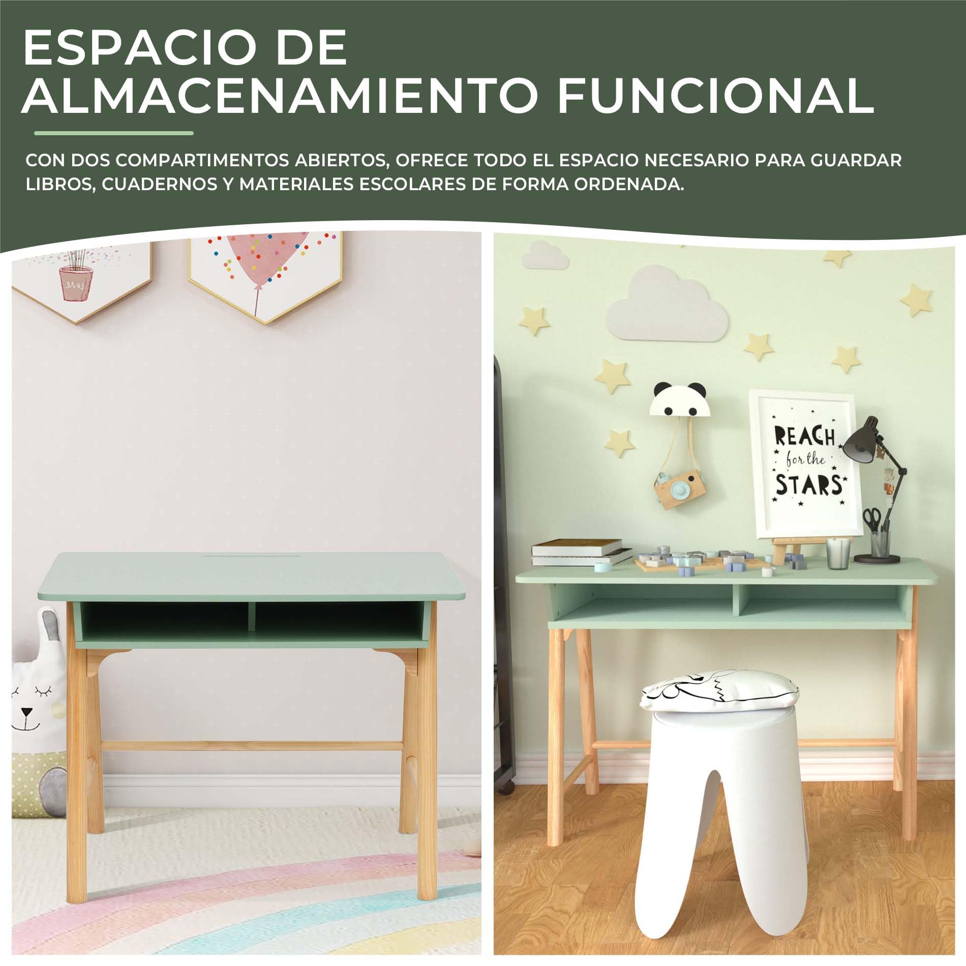 Rebecca Mobili Escritorio Montessori, Mesa para Habitación Infantil, Verde Agua Marrón, MDF Pino, con Compartimento de Almacenaje, Estable - Dimensiones AxAnxFon: 70 x 90 x 50 cm - Art. RE7136