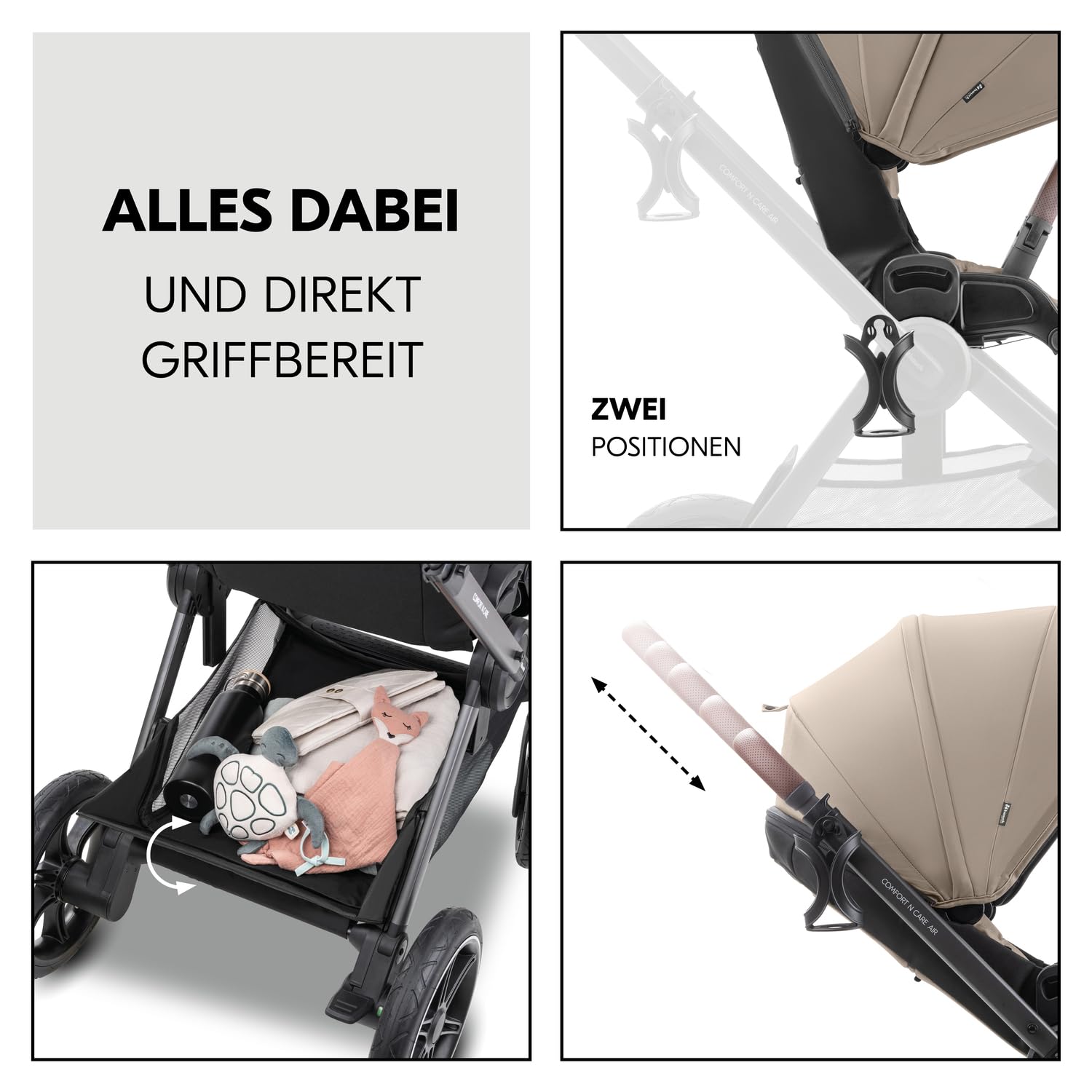 Hauck Comfort N Care Air Set Mocha 2in1 Kinderwagen mit Luftreifen, Wanne mit Memory Knöpfe, Wendbarer Sitz mit Beindecke & Liegefunktion bis 22 kg, Höhenverstellbar, inkl. Adapter