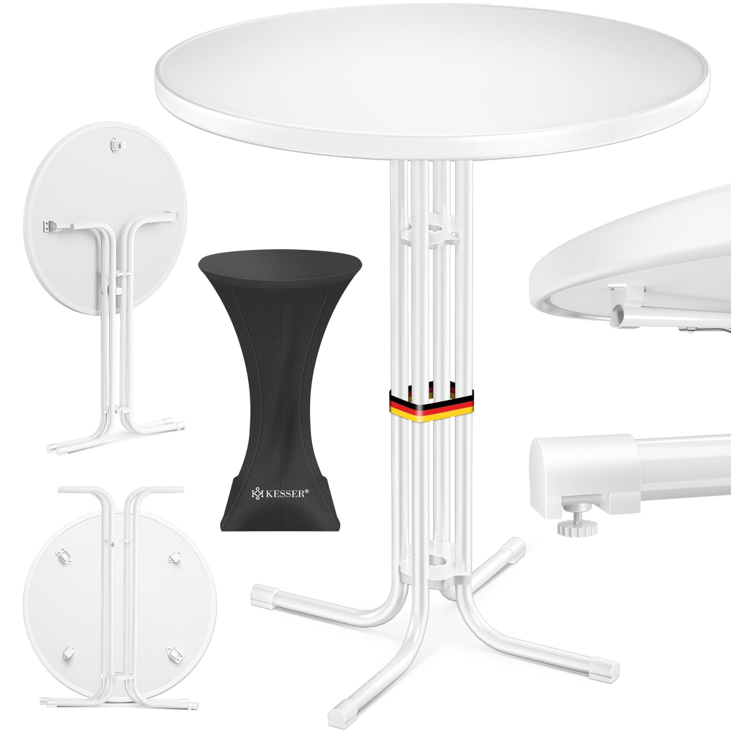 KESSER® Stehtisch klappbar Ø70cm rund, Gastro Bistrotisch Hochtisch Cocktail Stehtisch + Husse, Klapptisch Partytisch für Garten/Balkon/Events/Gastronomie, wetterfest, In- & Outdoor, Weiß