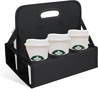 ZKOO Portable Drink Carrier with Handle, 6 Cup Foldable Portable Drink Carrier, Reusable Cup Holder Carry Coffee, Wine, Cocktails, Hot and Cold Beverages for Delivery and Take Out (Black)