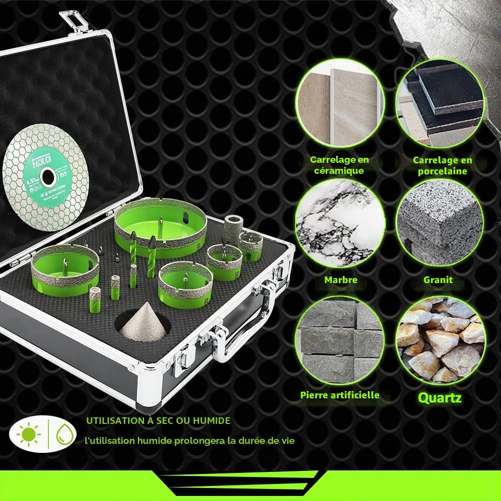 Scie Cloche Carrelage Kit - 16 Pièces Foret Diamant Carrelage Kit(6/8/10/25/35/50/65/100mm+20mm Fraise+50mm Foret Chanfreineuse+Adaptateur+Disque Diamant),avec Trépans Tige Triangulaire