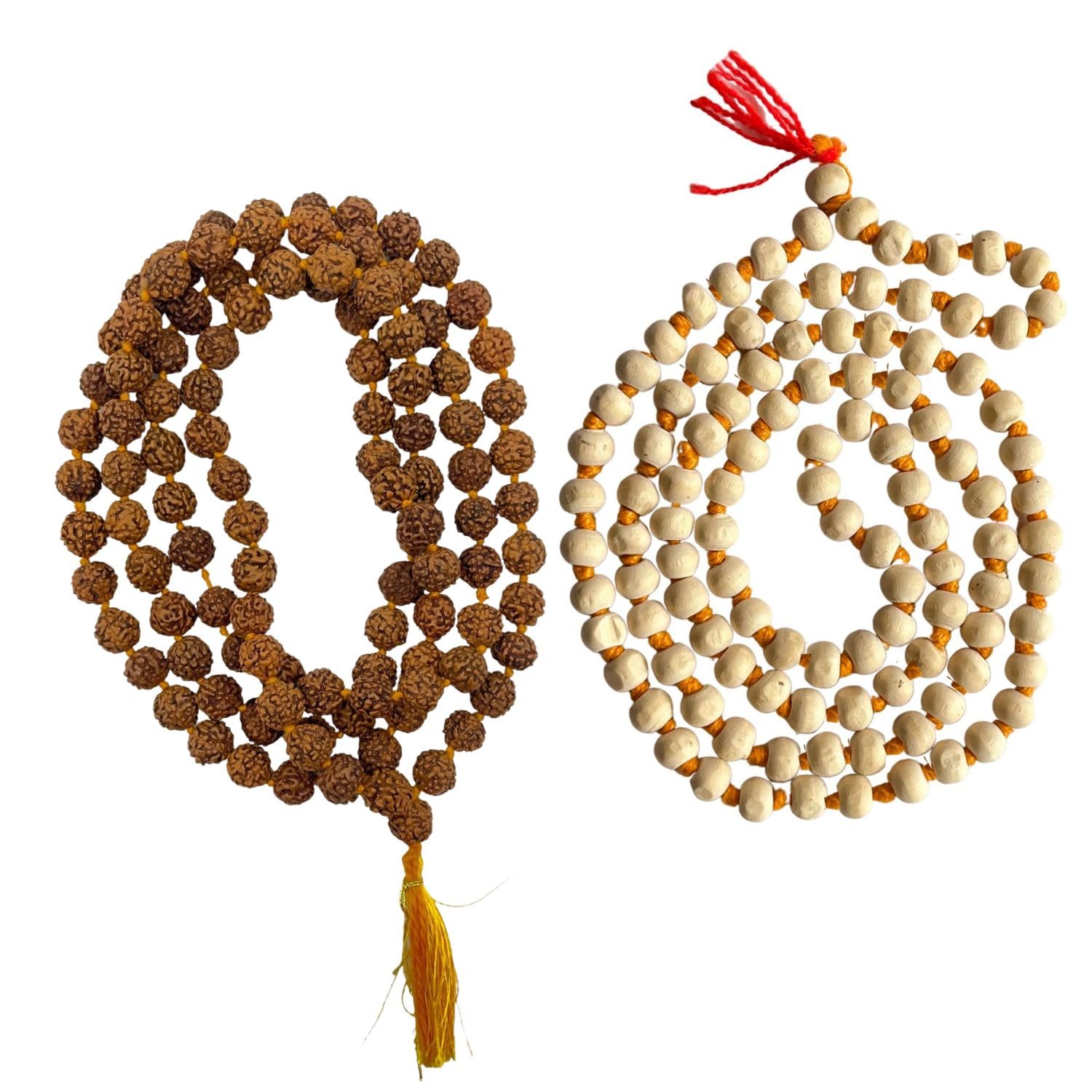 NAISHA (Pack of 2 Tulsi Holy Basil Japa Mala & Rudraksha Mala 108+1 Beads Japa Mala 5 face Panch Mukhi Rudraksha Seed for Daily Mantra Jaap with tassel, One Size, Wood, tulsi mala, rudraksha