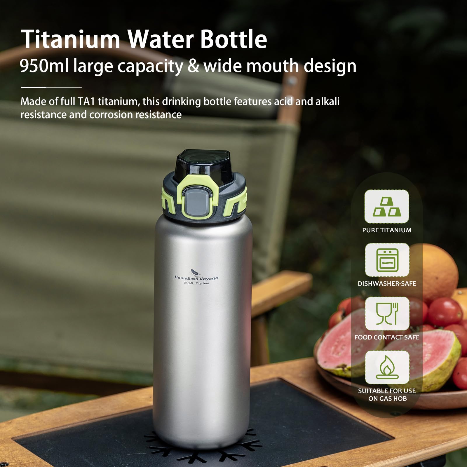 Boundless Voyage Gourde ultra légère en titane 950 ml Finsh mat + couvercle en polypropylène
