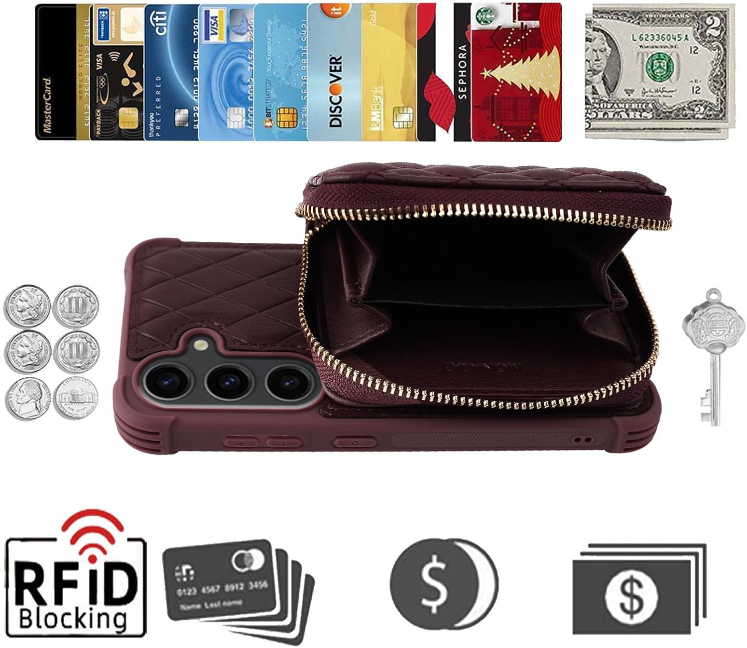 MONASAY Crossbody Wallet Case Compatible for Samsung Galaxy S24+ Plus 6.7 inch[Glass Lens and Screen Protector]Zipper Leather Phone Cover with Card Holder and Handbag Shoulder Lanyard Strap, Burgundy