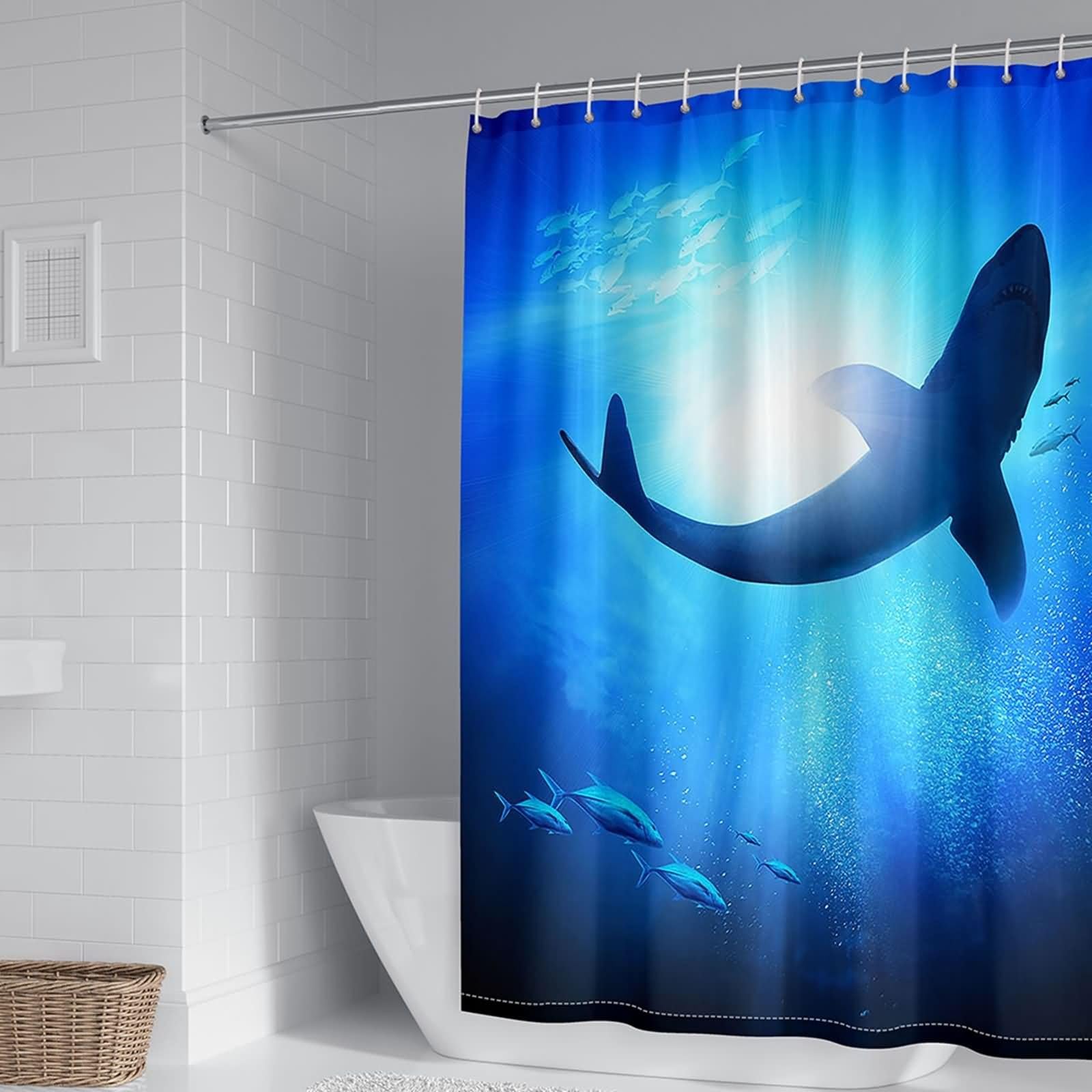 Cortina de ducha de tela de 72 x 80 pulgadas, cortina de ducha azul sol mar peces poliéster decoración del hogar baño