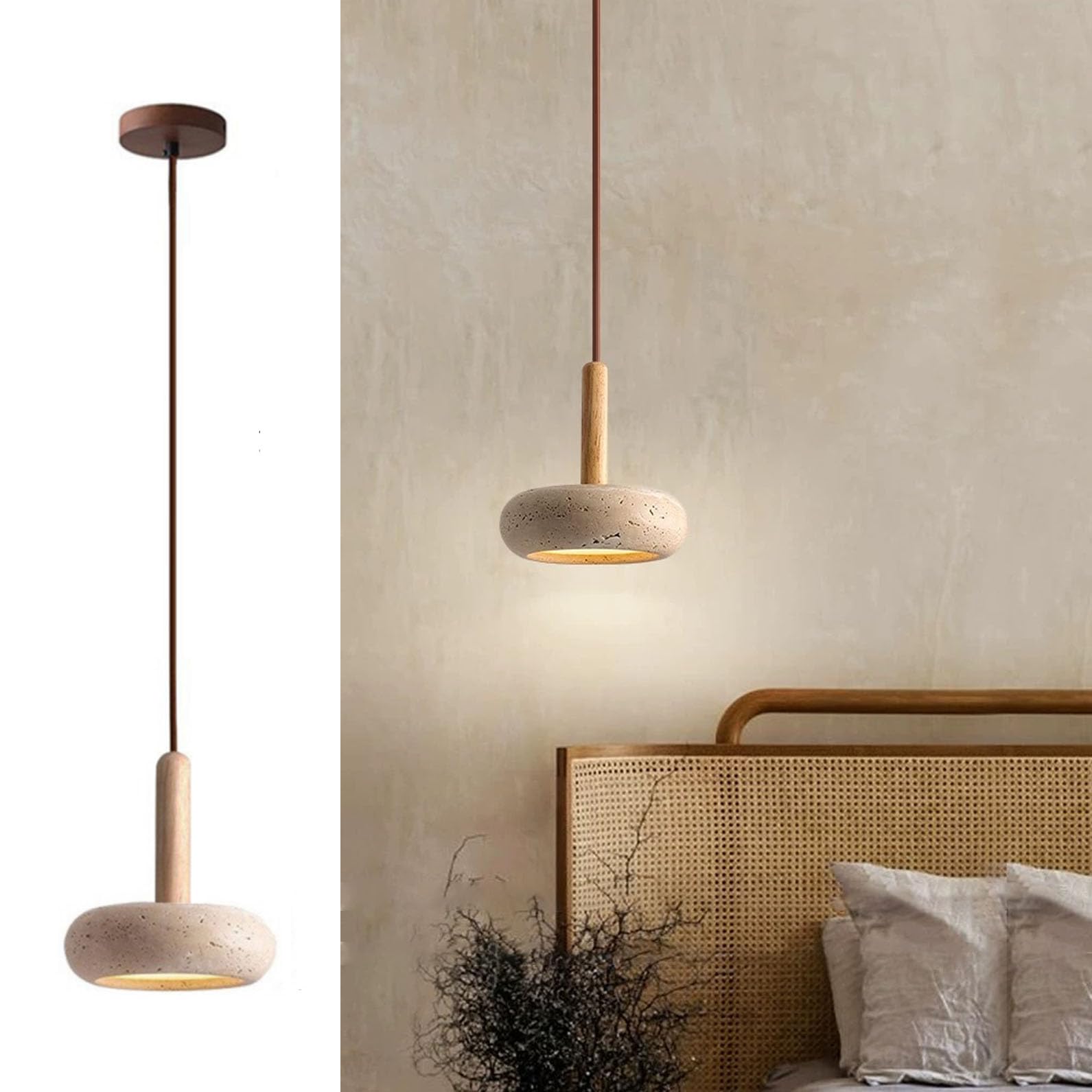 Nordic Natural Stone Pendant Lights for Kitchen Island, Japanese Small Modern LED Dimmable Hanging Ceiling Lights Wood Industrial Chandelier for Dining Room Table Bedroom Bedside Hallway (C-walnut)