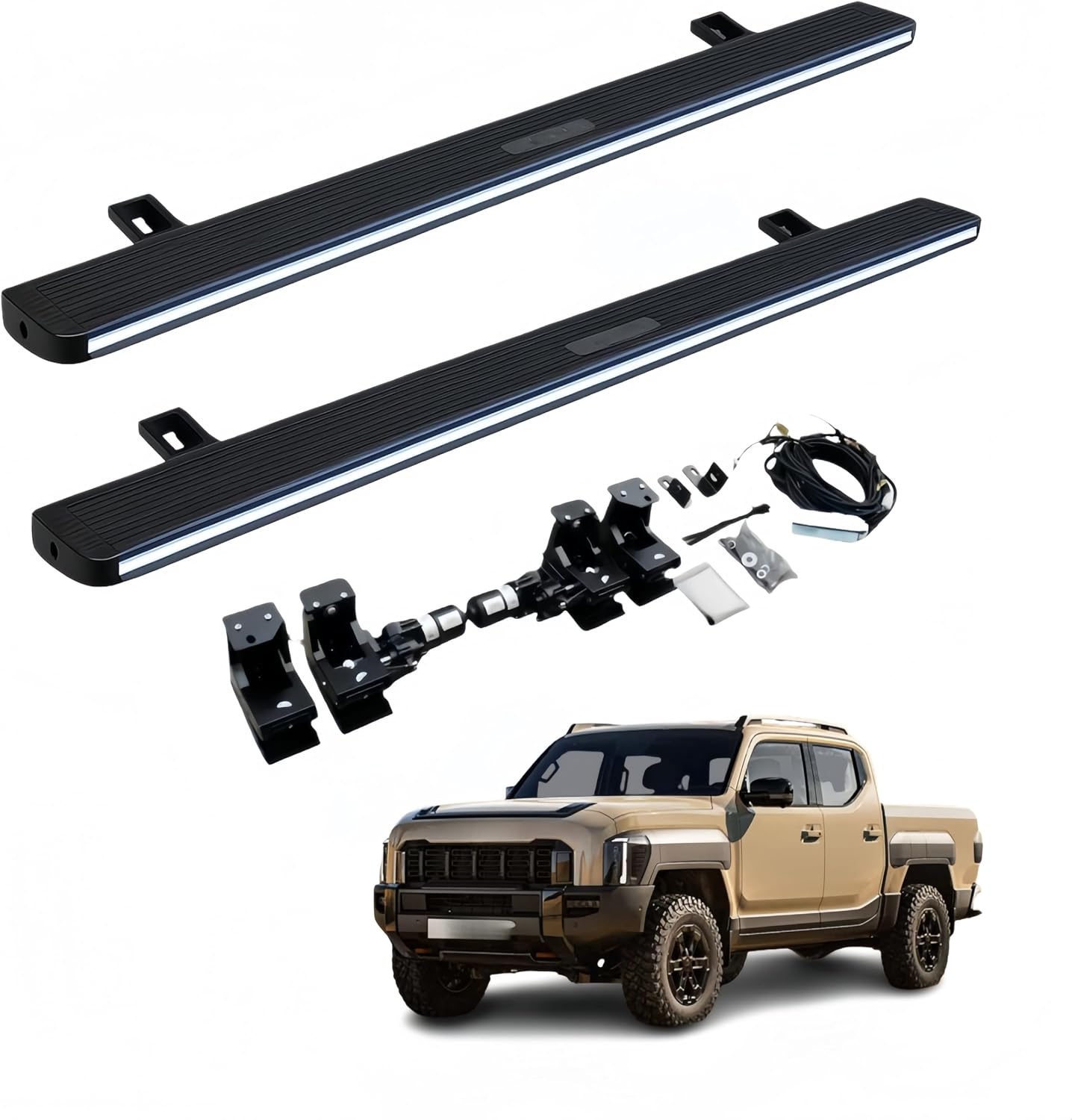 Running Boards with Lights Fits for Kia Tasman 2024 2025 2026 Power Side Steps Retractable Electric Running Board Deployable Side Step Black（with Brackets+Screws）