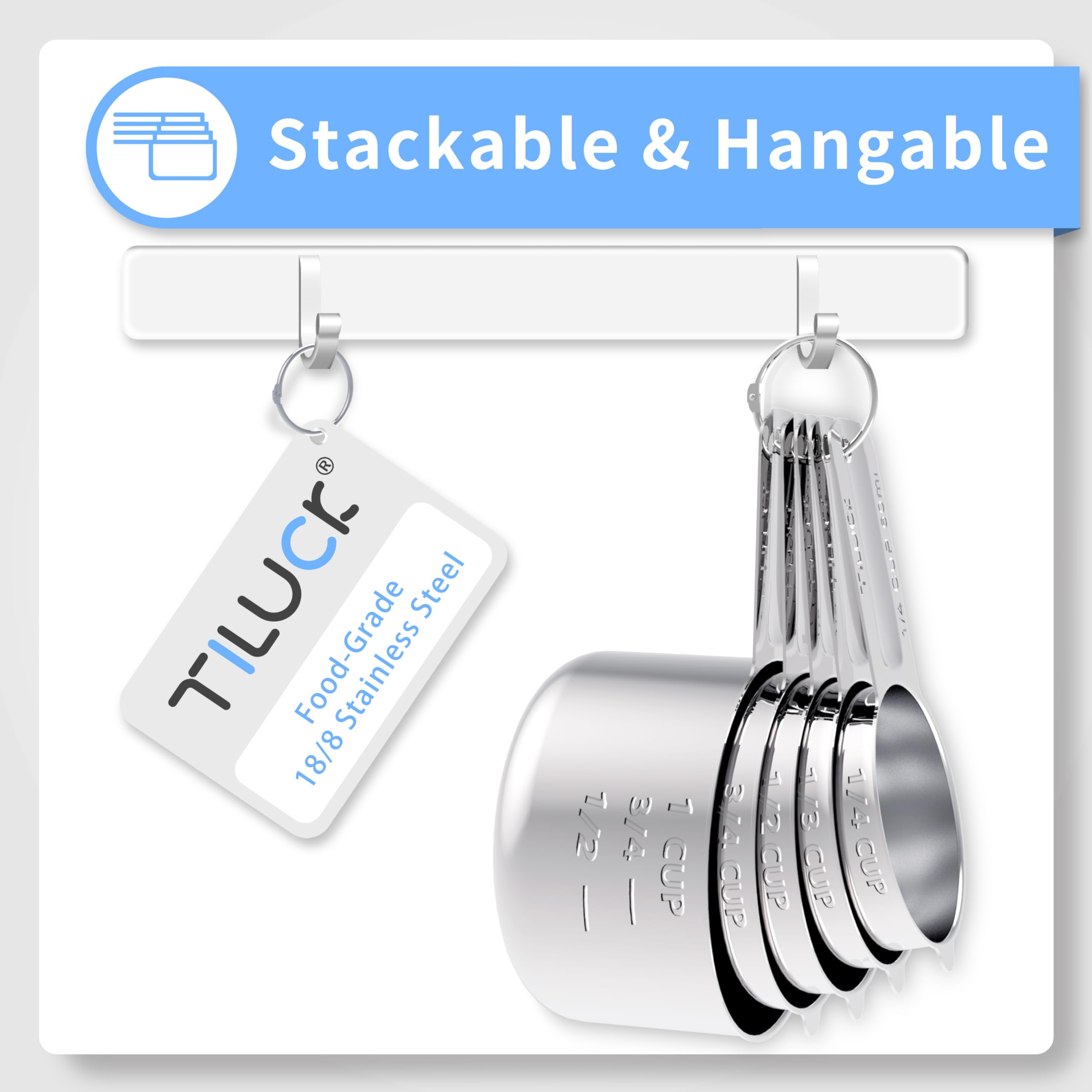 TILUCK Edelstahl-Messbecher-Set, Küchenhelfer zum Kochen und Backen, 7-teiliges Set