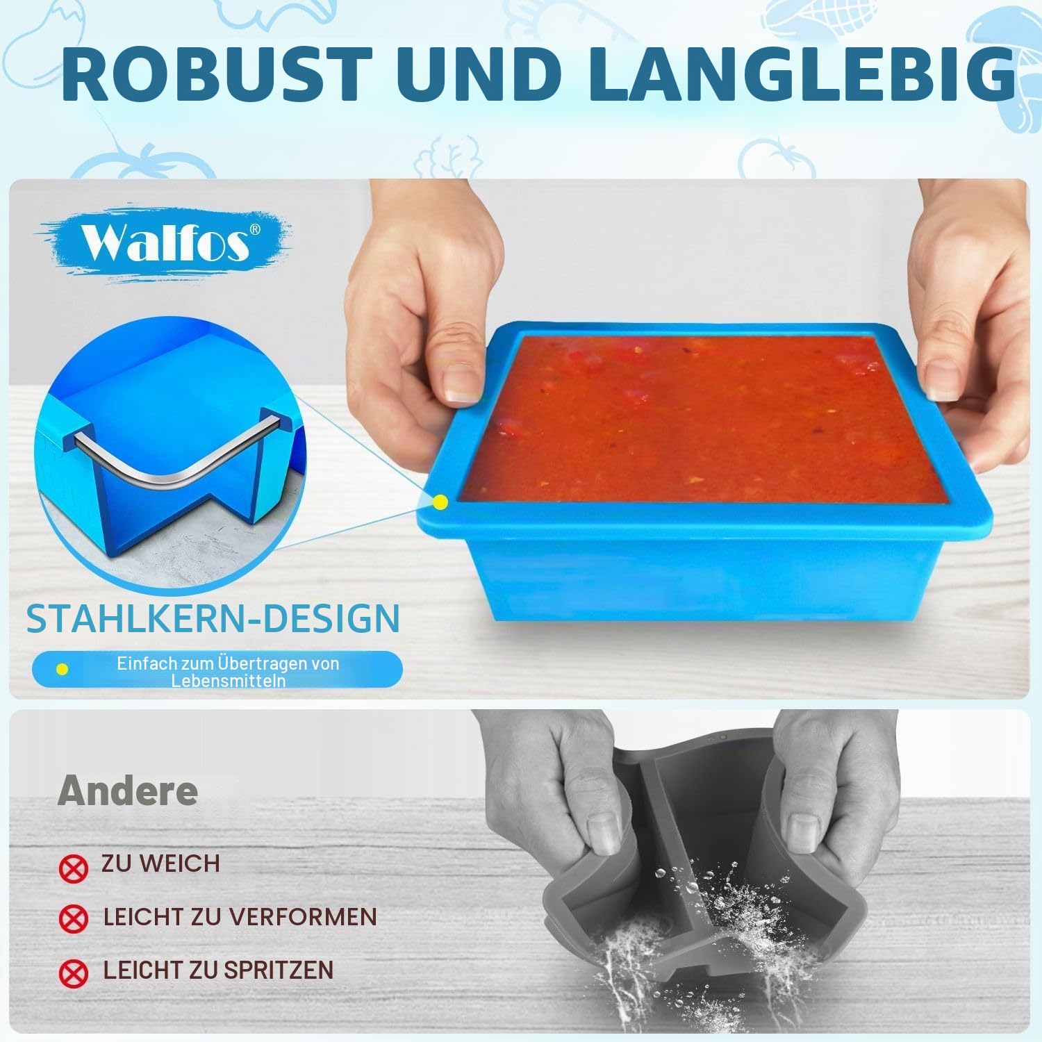 Walfos 2 Tassen Silikon-Gefrierblech mit Deckel – einfache Mahlzeiten-Vorbereitungsbehälter und Küchenaufbewahrungslösung, perfektes Einfrieren, Aufbewahren von Suppen, Lebensmitteln, Eintöpfen, Dips