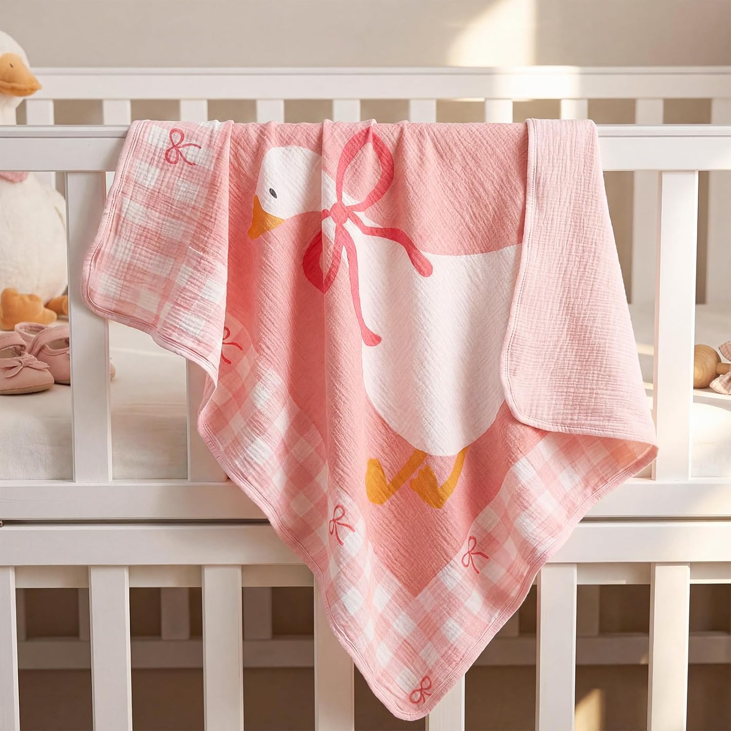 Breling Pink Silly Goose Muslin Baby Blankets for Girls Boys, 100% Cotton Crib Blanket for Infant Toddler, 40 x 36 Inch Soft and Lightweight Nursery Swaddling Wrap