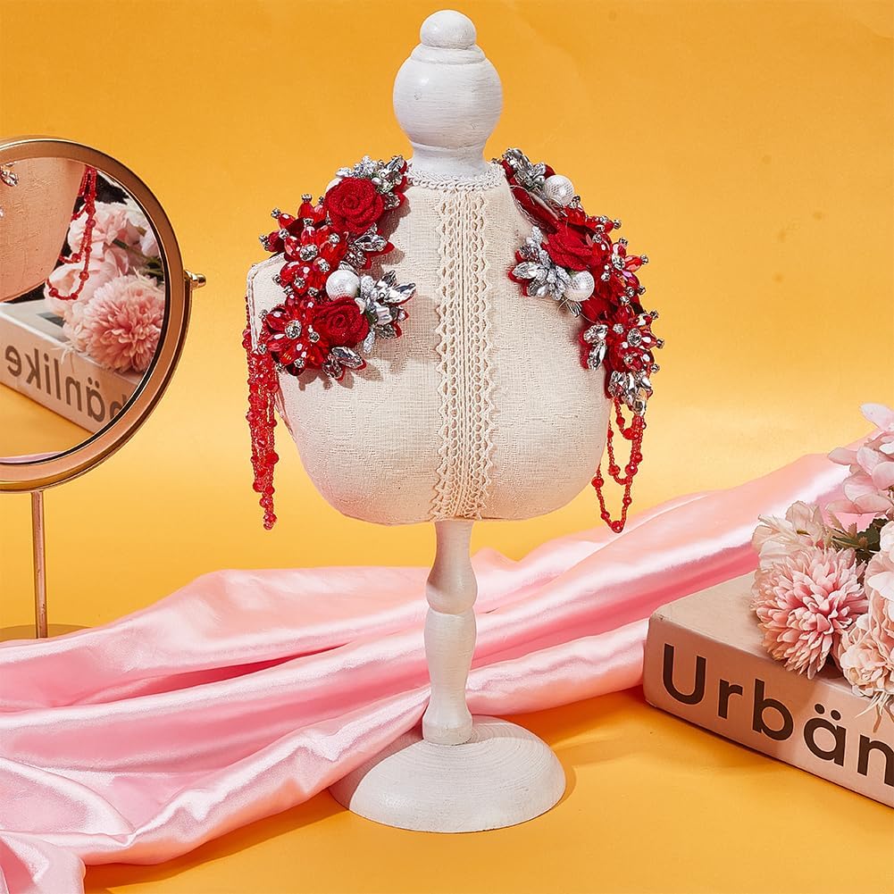1 Pair Red Beaded Shoulder Applique for Clothes Epaulettes Shoulder Patches Sew-On Sequin Tassels Applique Crystal Fringe Shoulder Epaulette Rhinestones Appliques for Wedding 6.6x5.7 Inch