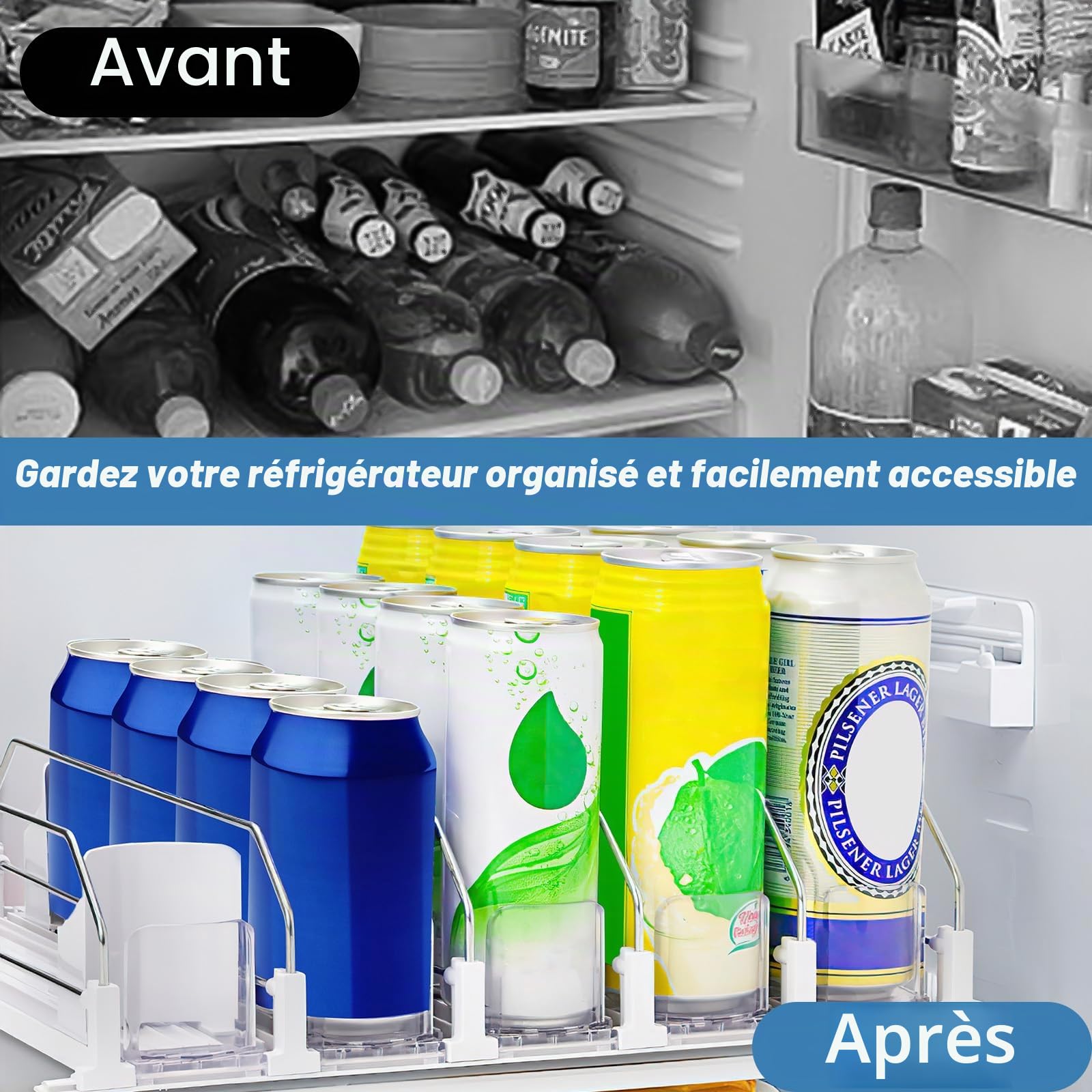 Automatique Rangement Canette 5 rangées rangement boisson auto-poussant Distributeur de Boissons pour Réfrigérateur Bière Soda organisateur canette frigo 31 x 41 cm (Blanc)
