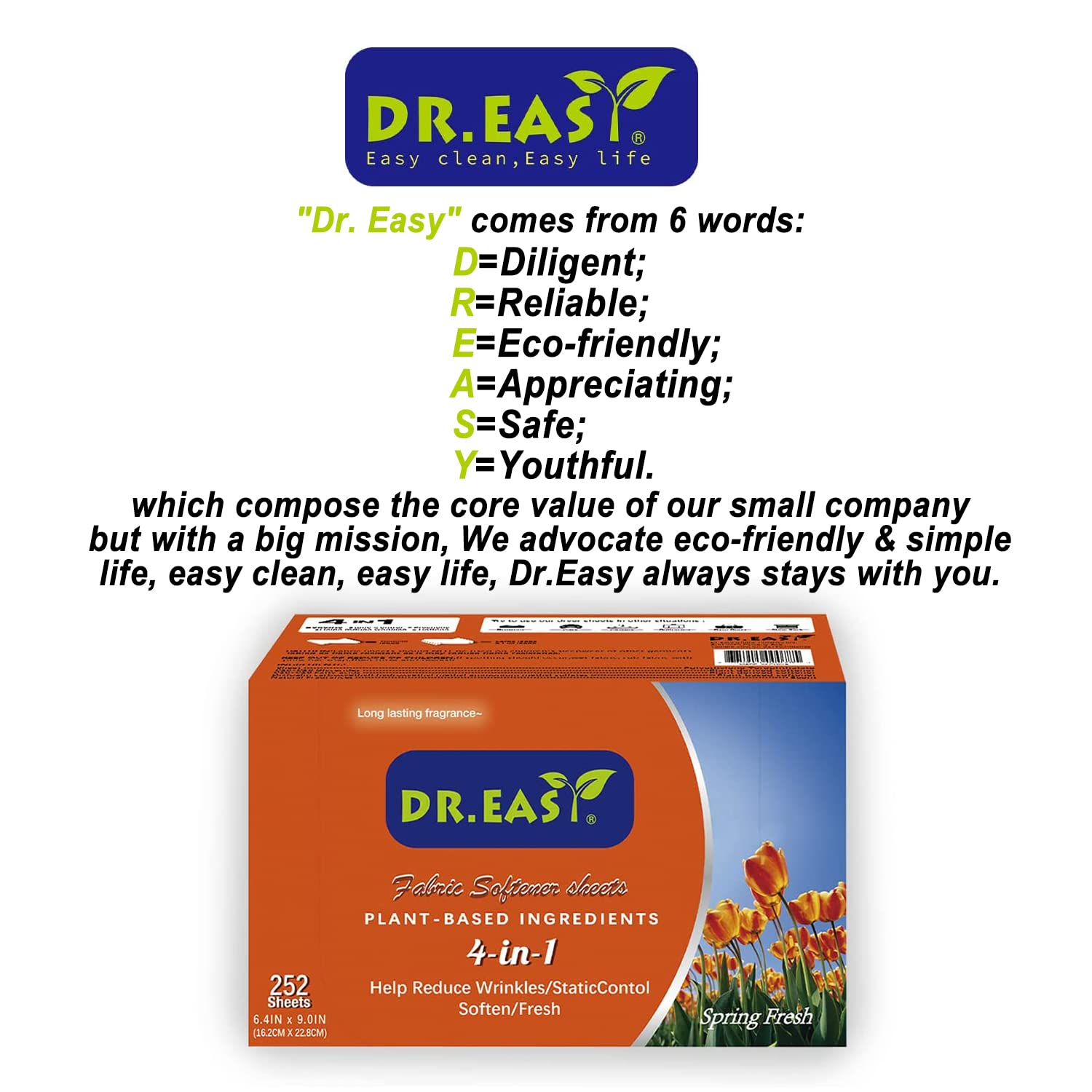 DR.EASY Trocknerblätter Free & Clear Plant Based Formula für empfindliche Haut 252 Ct Weichspülerblätter für die Wäsche (Frühling frisches)