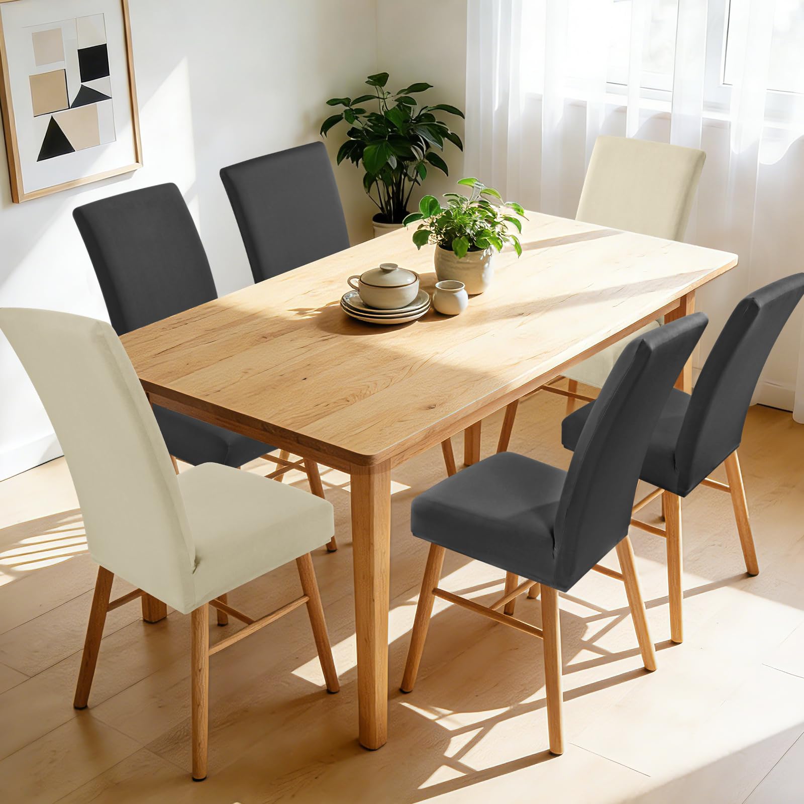 Alishomtll Stuhlhussen 6er set Stuhlbezug Hussen für Stühle Elastische Stuhlhussen Schwingstühle Abnehmbar Esszimmer Stuhlbezüge für Freischwinger Küche Restaurant Hotel Bankett (4 Dunkelgrau+2 Beige)