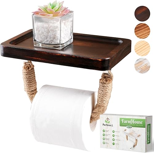 Miniatura 1 de Perfeso.L Soporte de papel higiénico rústico de granja con estante de madera de almacenamiento, soporte de rollo de papel higiénico de cuerda