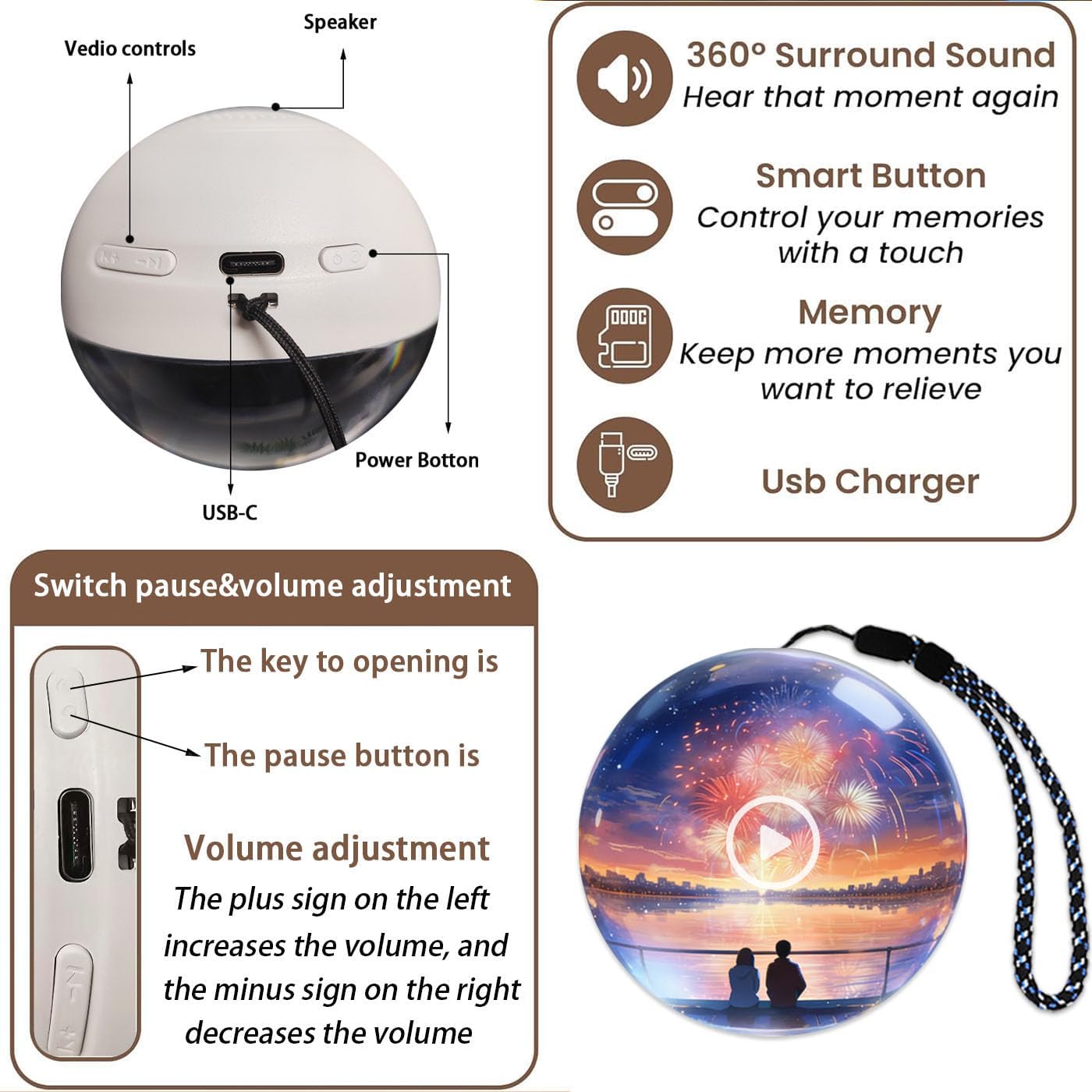 2026 New 3D Memory Orb Lamp - 2.7" Crystal Ball Video Player, Personalized Custom Uploadable Videos & Photos, Crystal Ball Video Player,Memory orb Ornament (Black)