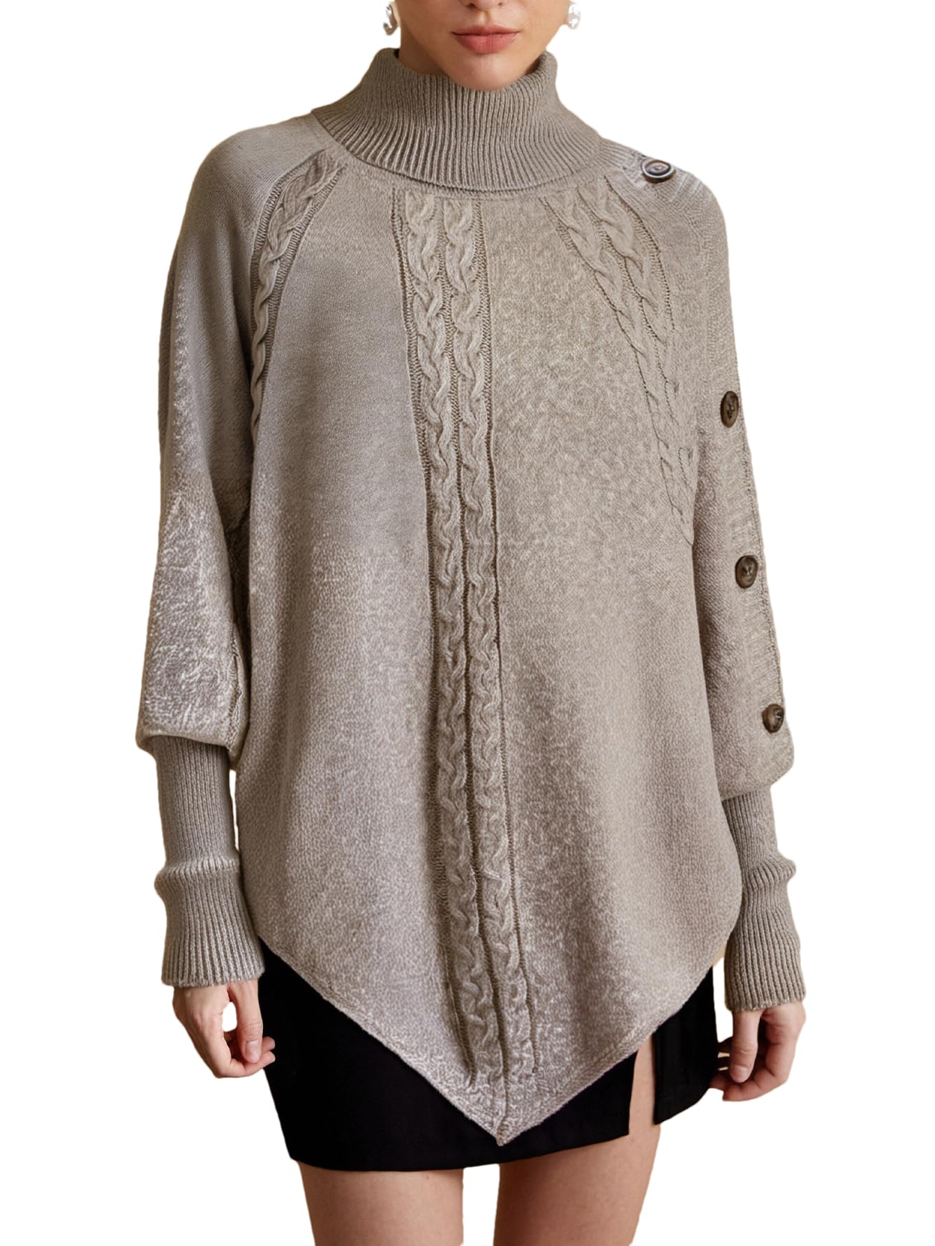 MakeMeChic Womens Poncho Sweater Asymmetrical Turtleneck Knit Pullover Sweater Button Oversized Long Sleeve Poncho