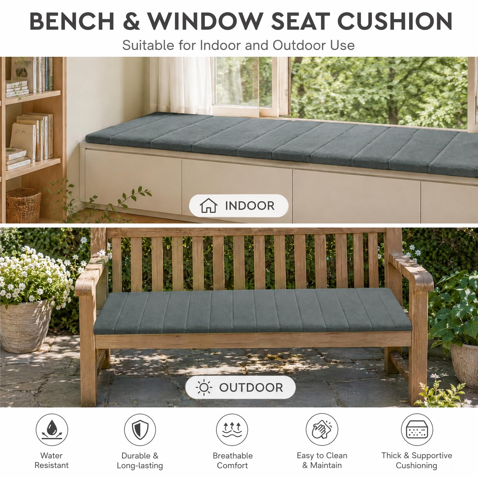 Cuscino per panca da 120 x 40 cm, spessore 4,5 cm, per panca da esterno, con rivestimento antiscivolo rimovibile, per interni, davanzale, scarpe e panca da giardino (#7 grigio scuro)