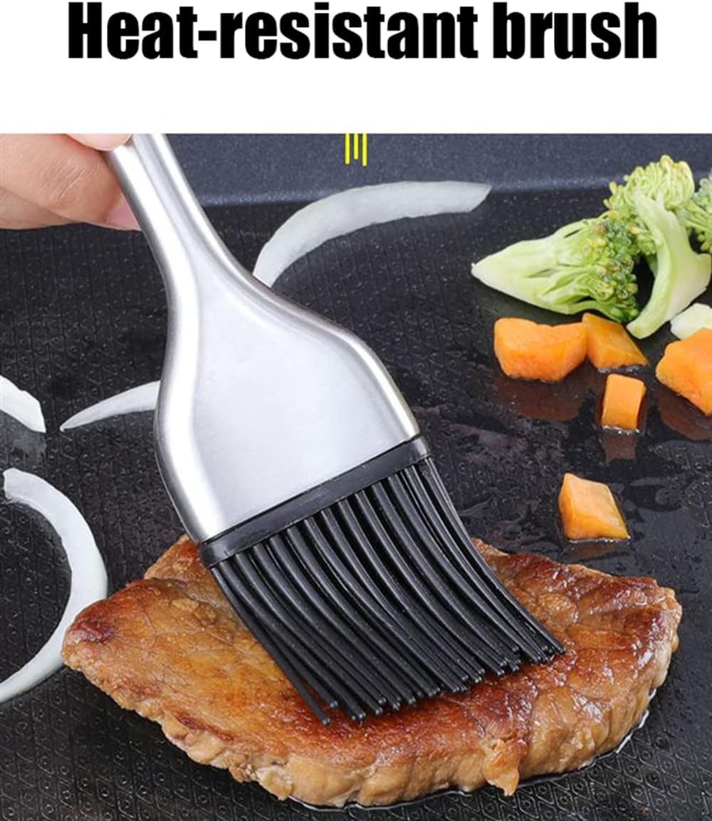 BBQ Basting Pot with Basting Brush Oil Brush - Stainless Steel Barbecue Sauce Pot with Silicon Basting Brush,5.1x3.5 in,(basting brush-2)