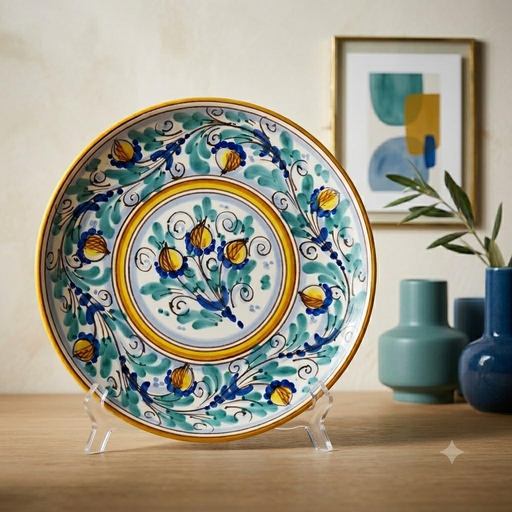 Dekorativer dekorativer Wandteller Ø 30 cm gelb aus sizilianischer Keramik von Caltagirone, verziert und handgefertigt.