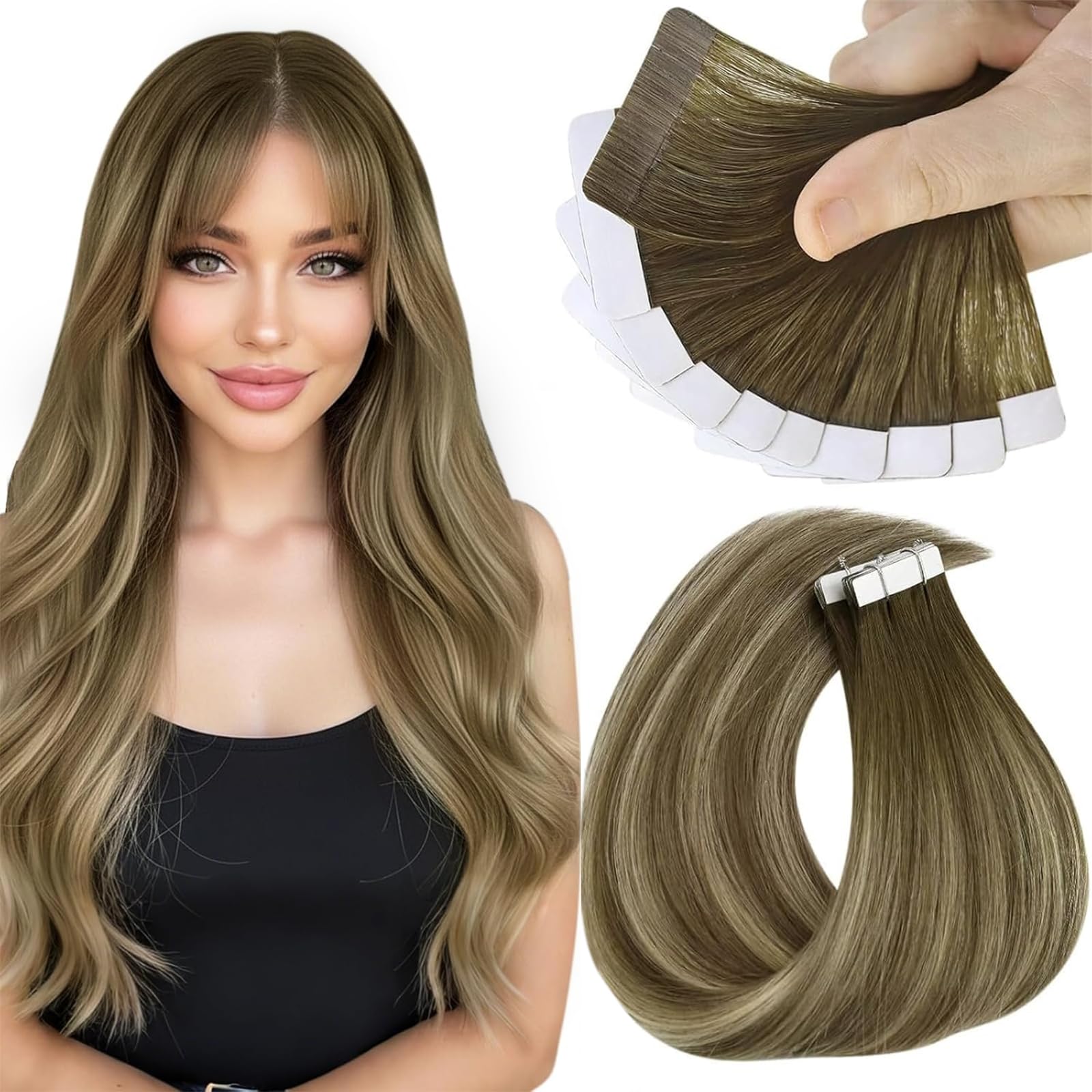 Sunny Hair Tape in Hair Extensions Real Human Hair Invisible Remy Hair Extensions Tape ins for Women Cool Brown Ombre Light Brown Balayage Medium