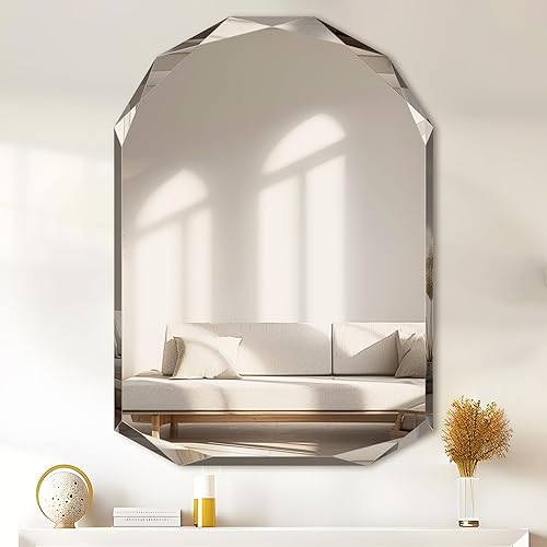 Miniatura 9 de Suidia Espejo de pared ovalado de 20 x 30 pulgadas, espejo de baño sin marco con borde de diamante, espejo de borde biselado irregular para