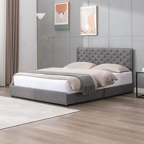 Miniatura 7 de Mjkone Base de cama tamaño King con 4 cajones de almacenamiento plataforma tapizada con cabecera ajustable y tela de lino de algodón base de cama