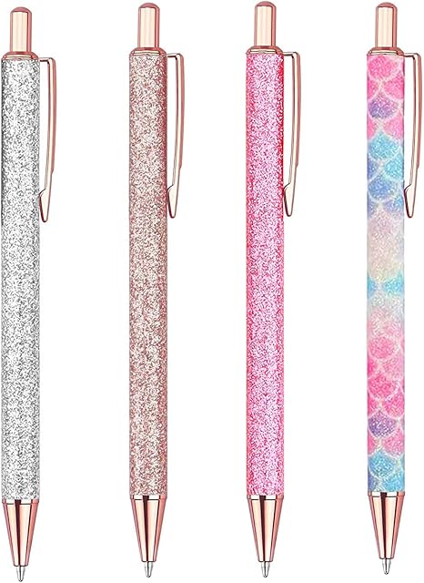 GHHFKGL 4Pcs Ballpoint Pens, Bling Metal Ballpoint Pens, Glitter Retractable Pretty Journaling Metal Pens, Black Ink Medium Point 1.0 mm Gift Pens, Cute Pens Office Supplies for Women&Men (4)