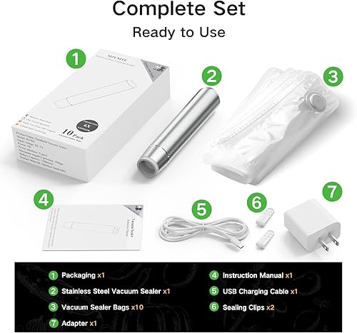 Miniatura 8 de Sellador al vacío de acero inoxidable para alimentos (máquina selladora al vacío de metal + 10 bolsas selladoras al vacío), sellador al vacío