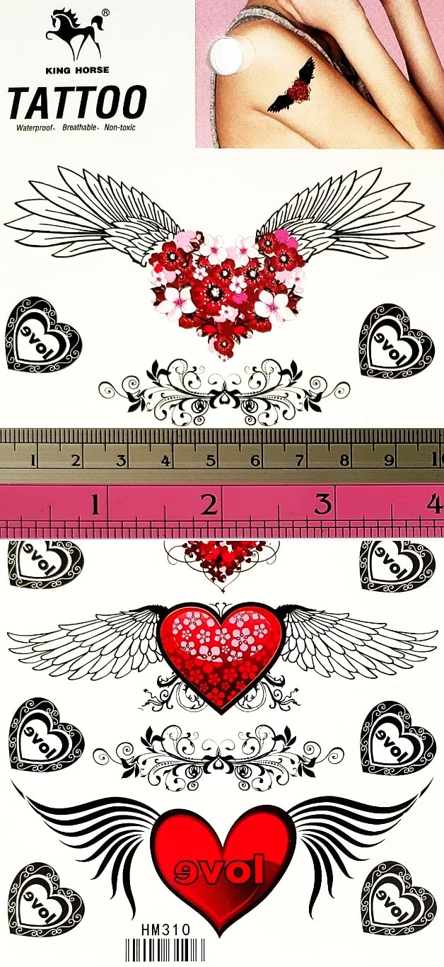 Juego de 2 hojas de corazón rojo alas ángel tatuaje temporal tatuajes para hombres mujeres diseño decoraciones cuerpo cuello pecho hombro piernas
