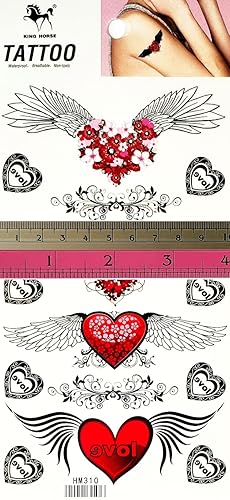 Miniatura 1 de Juego de 2 hojas de corazón rojo alas ángel tatuaje temporal tatuajes para hombres mujeres diseño decoraciones cuerpo cuello pecho hombro piernas