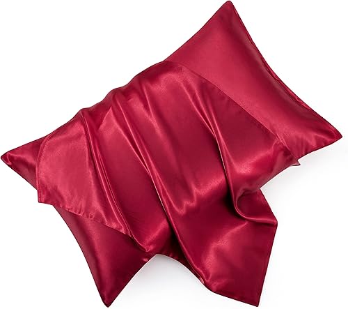 Miniatura 1 de HommxJF Juego de 2 fundas de almohada de satén color rojo vino estándar con cierre de sobre, funda de almohada de seda rojo vino para cabello y piel