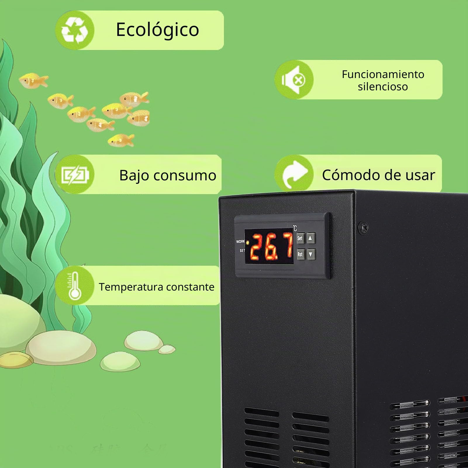 FTVOGUE Enfriador de Acuario, Pantalla Digital, Temperatura Ajustable, Enfriador de Tanque de Peces con Estructura Estable para Tanque de Plantas Marinas de Agua Dulce de 20L (Enchufe de la UE)