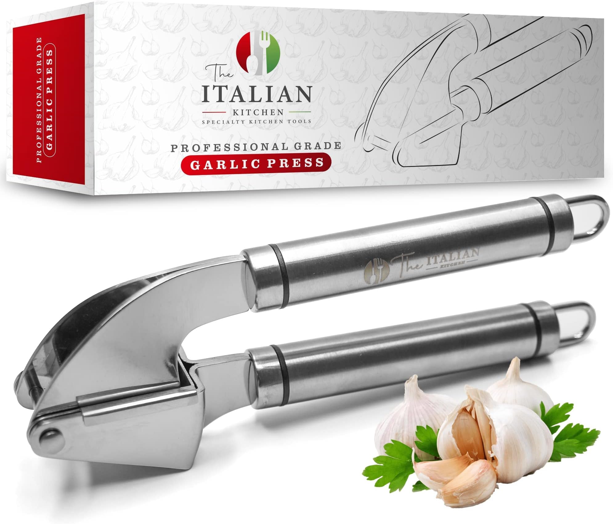 The Italian Kitchen Stainless Steel Garlic Press - Heavy Duty Garlic Extruder
