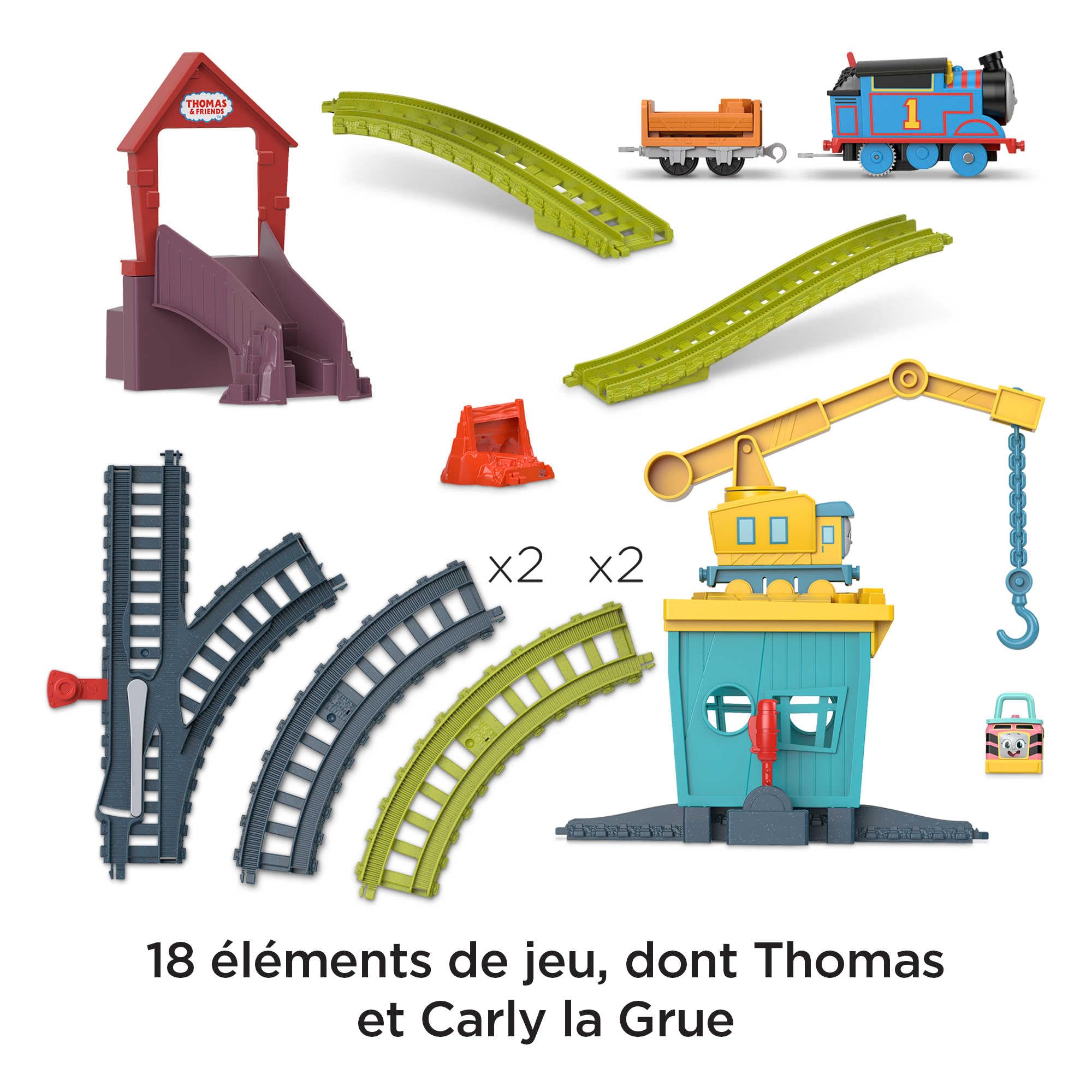 Thomas & Friends Coffret de 18 éléments, Dont Carly la Grue et Sandy Le Speeder, et éléments de Circuit, Jouet Enfant, Dès 3 Ans, HDY58