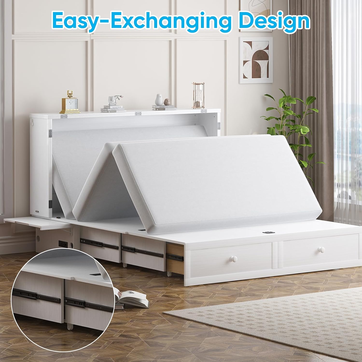 Mjkone Queen Murphy Bed Cabinet, Wall Murphy Bed with Tri-Fold Memory Foam Mattress, Modern Cube Cabinet Beds with USB Charging Station & 2 Large Storage Drawers for Living Room Apartments, White