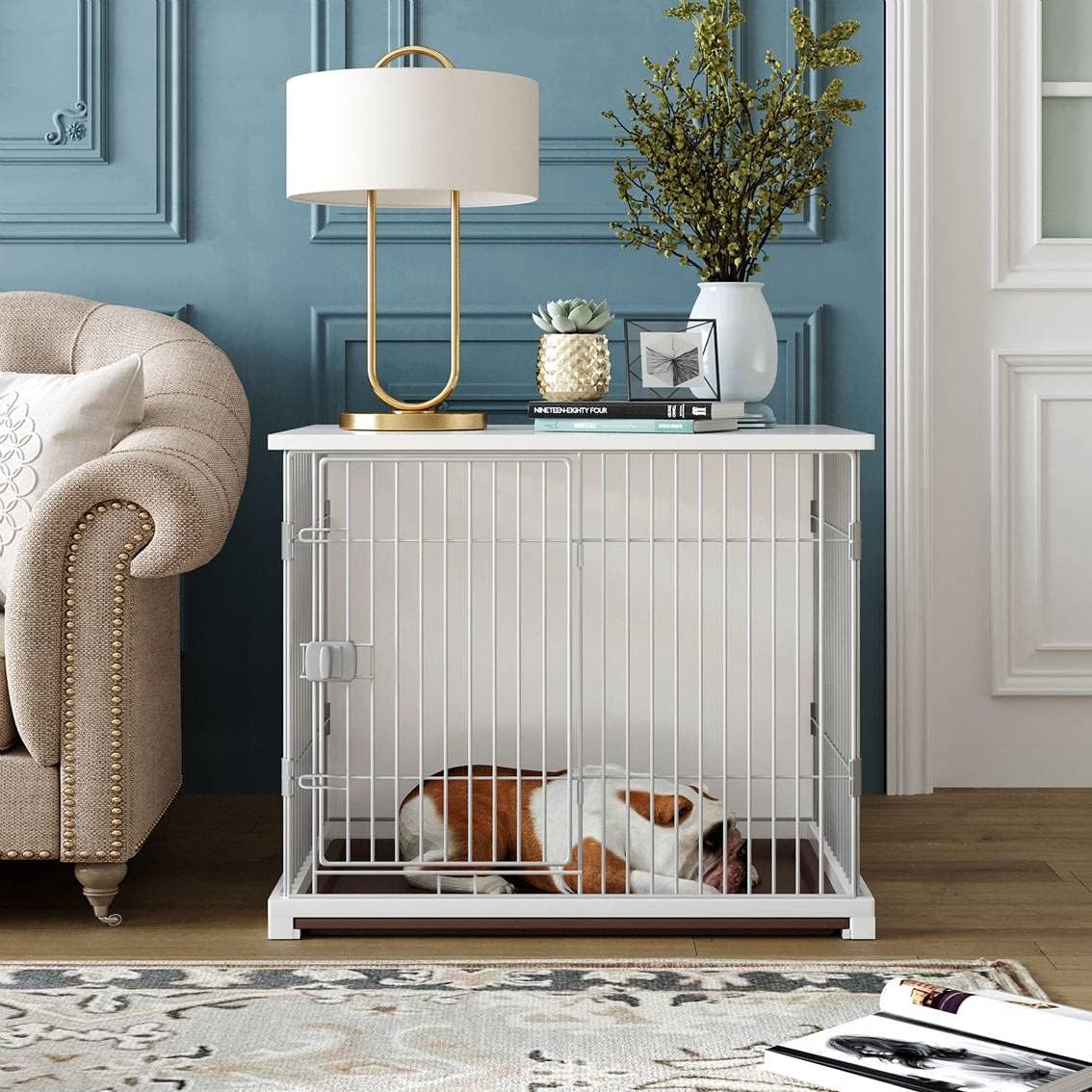 34" Length Wooden Structure Dog Cage Crate End Table Dog House Cage