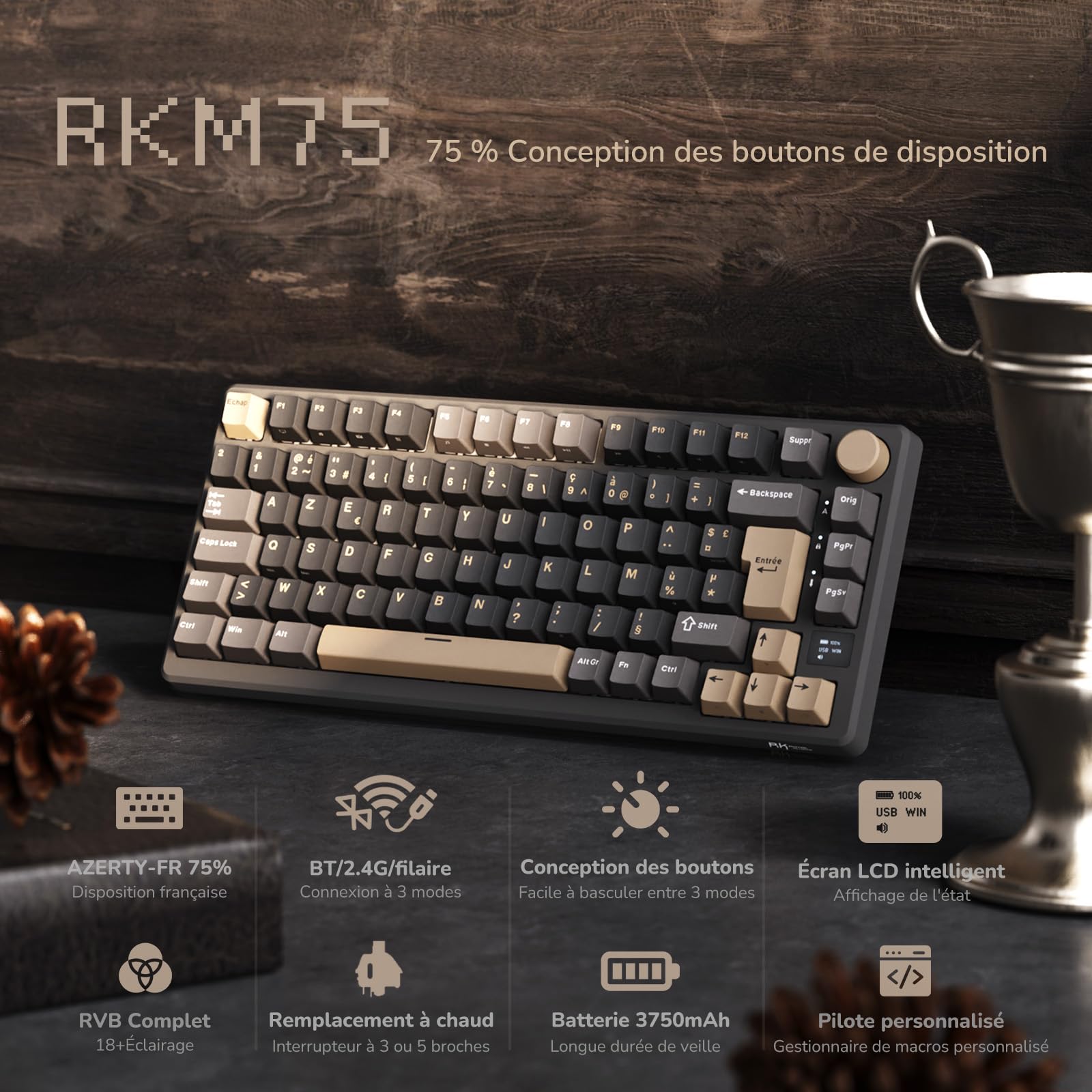 RK ROYAL KLUDGE M75 Clavier Mécanique sans Fil, Azerty BT5.0/2.4G/USB-C Compact 75% Clavier Gamer Mécanique avec écran Intelligent OLED et Bouton Rétroéclairage RVB, Interrupteur Rouge, Grey