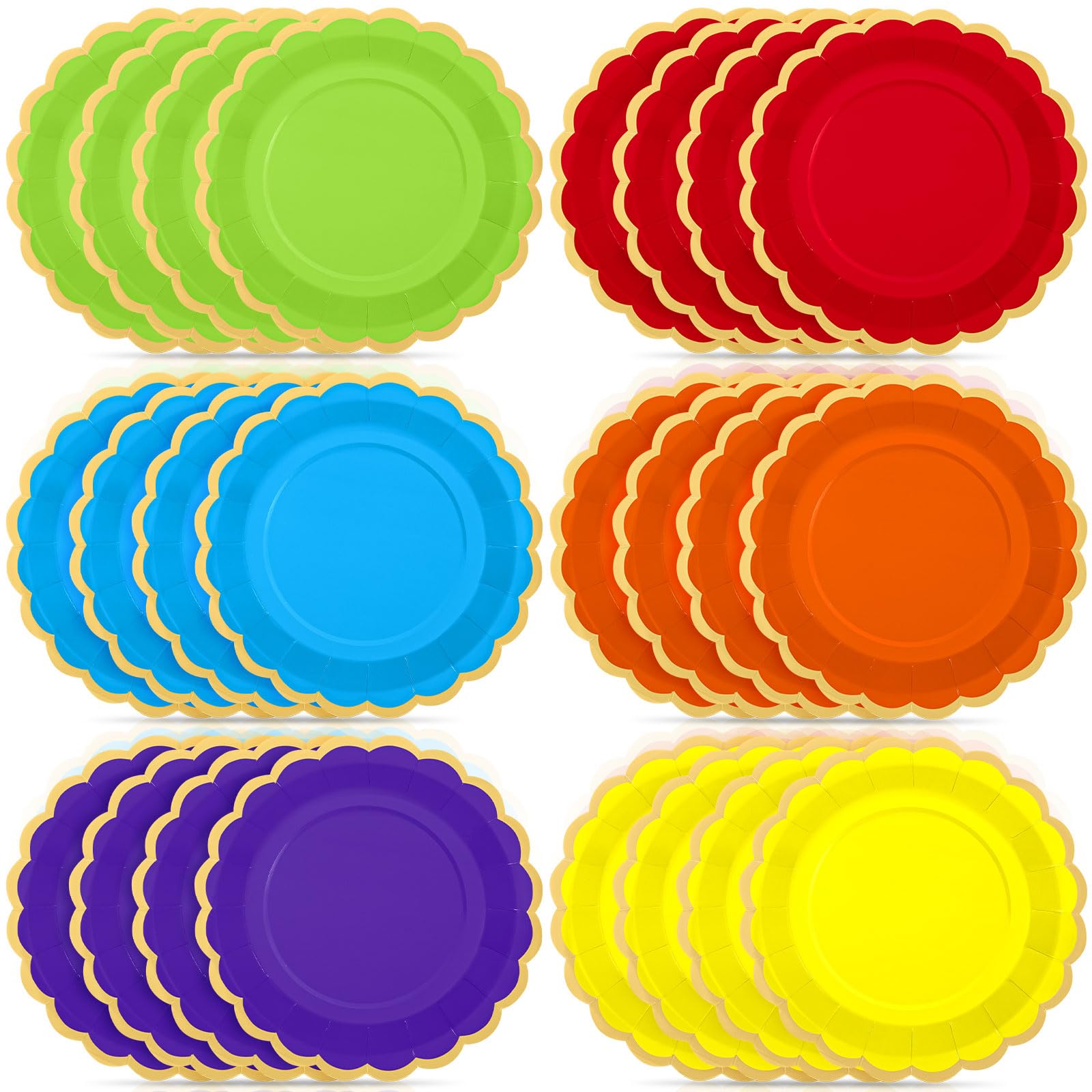 48 Pcs Rainbow Paper Plates 9 Inch Colorful Scalloped Paper Disposable Dinner Dessert Plates for Birthday Wedding Bridal Party Supplies, 6 Colors