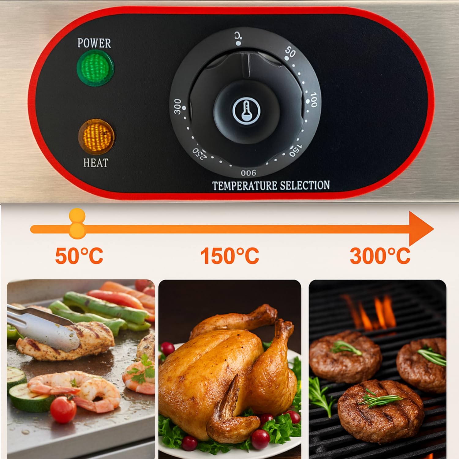 Plancha électrique de table 55 cm – thermostat réglable 300°C – 3 kW – bac récupérateur – acier inox
