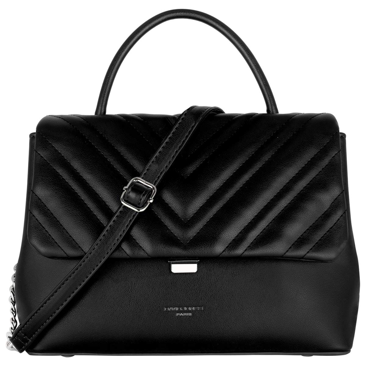 David Jones - Borsa a Tracolla Catena Trapuntata Donna - a Mano, Spalla, PU Pelle - Messenger Crossbody Bag - Borsetta Satchel Sera Chevron Clutch - Nero