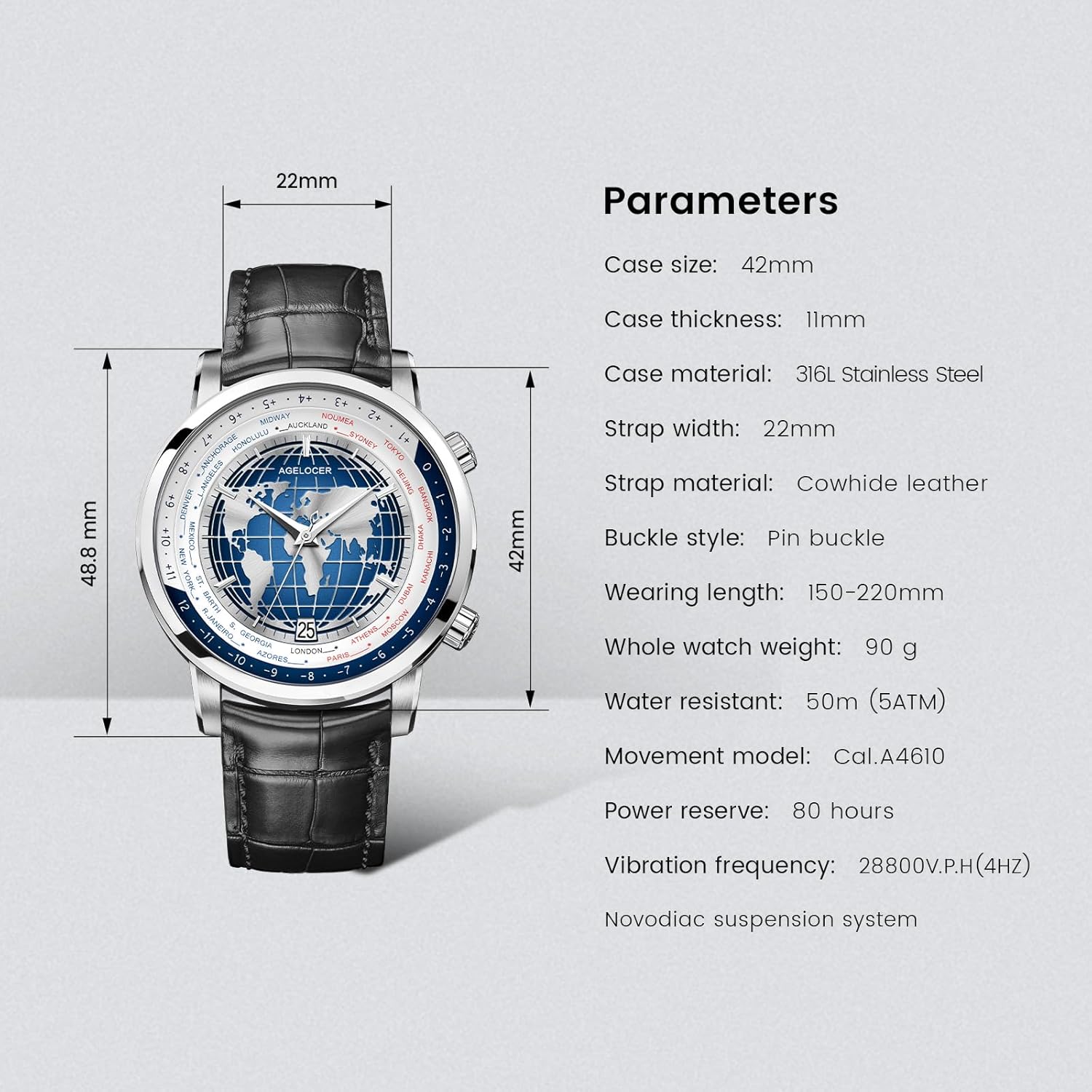 AGELOCER World Time Watch, Original 24 Time Zone Automatic Mechanical Watch for Men, Luxury Waterproof Leather Strap Dress Watches for Men Gift