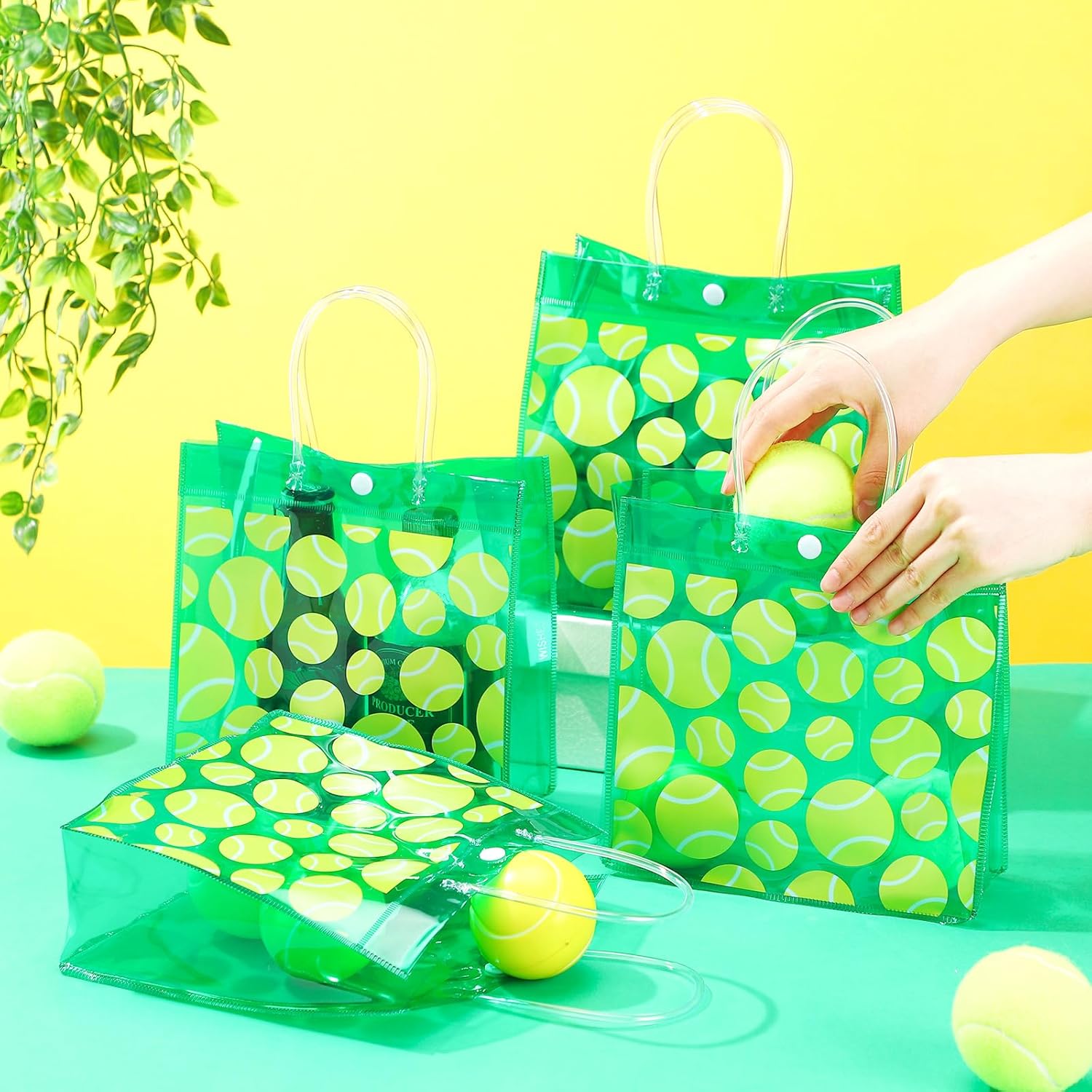 Sweetude 24 Pieces Tennis Gift Goodie Bags with Handles 8x8x3.15 Inch PVC Green Tennis Theme Party Favor Clear Treat Bags Bulk for Sports Party Competition Team Birthday Gifts