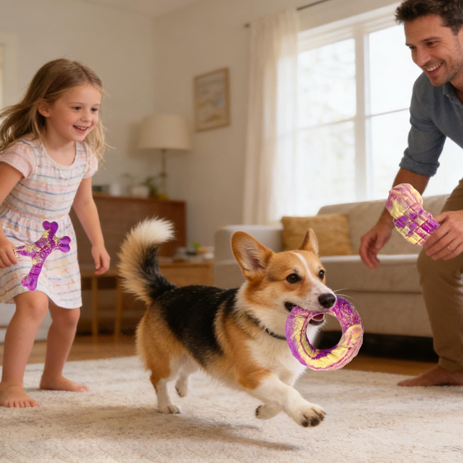 Set di 3 giocattoli interattivi da masticare per cani in nylon | Materiale privo di schegge per la pulizia dei denti; adatto per cuccioli di piccola e media taglia e tutte le razze; per