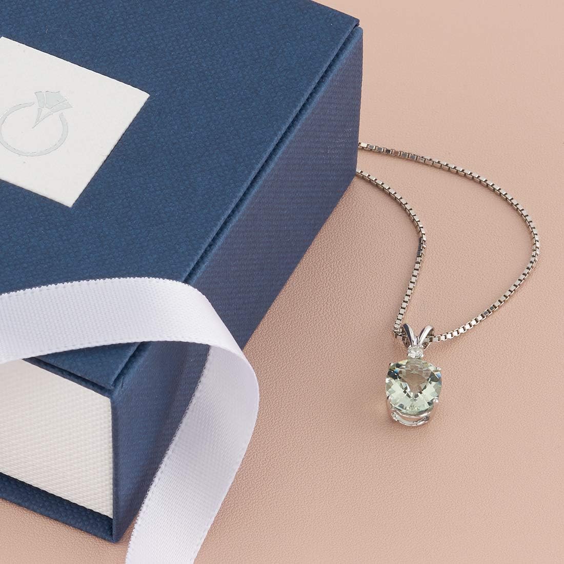 PEORA Green Amethyst with Genuine Diamond Pendant in 14K White Gold, Elegant Solitaire, Oval Shape, 10x8mm, 2.30 Carats total, 100% Natural & Real, Sparkling Green Amethyst Necklace, w/Jewelry Box